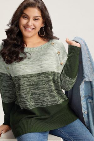 Colorblock Contrast Heather Button Detail Pullover
