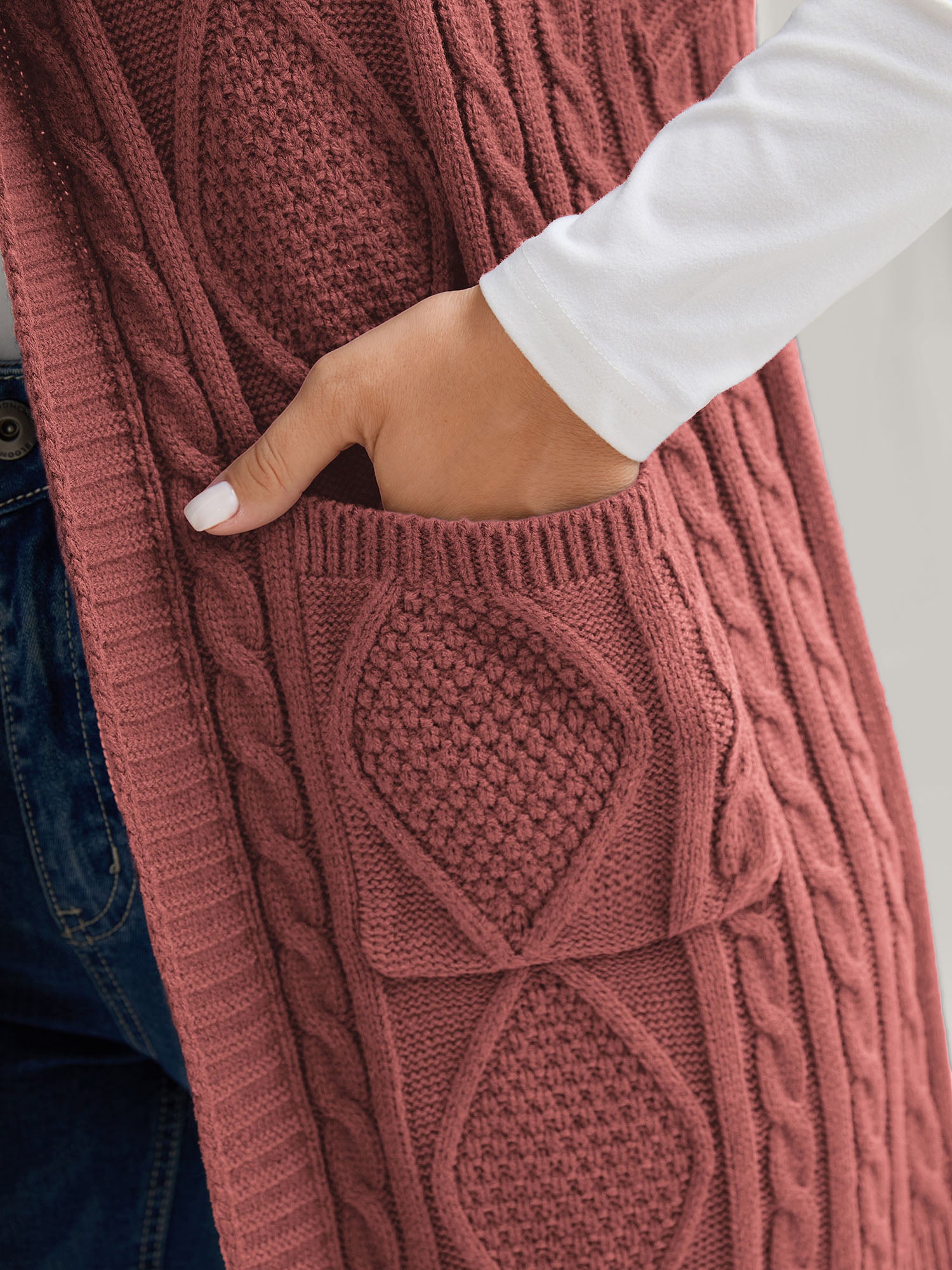 Hooded Sleeveless Cable Knit Cardigan - Image 36