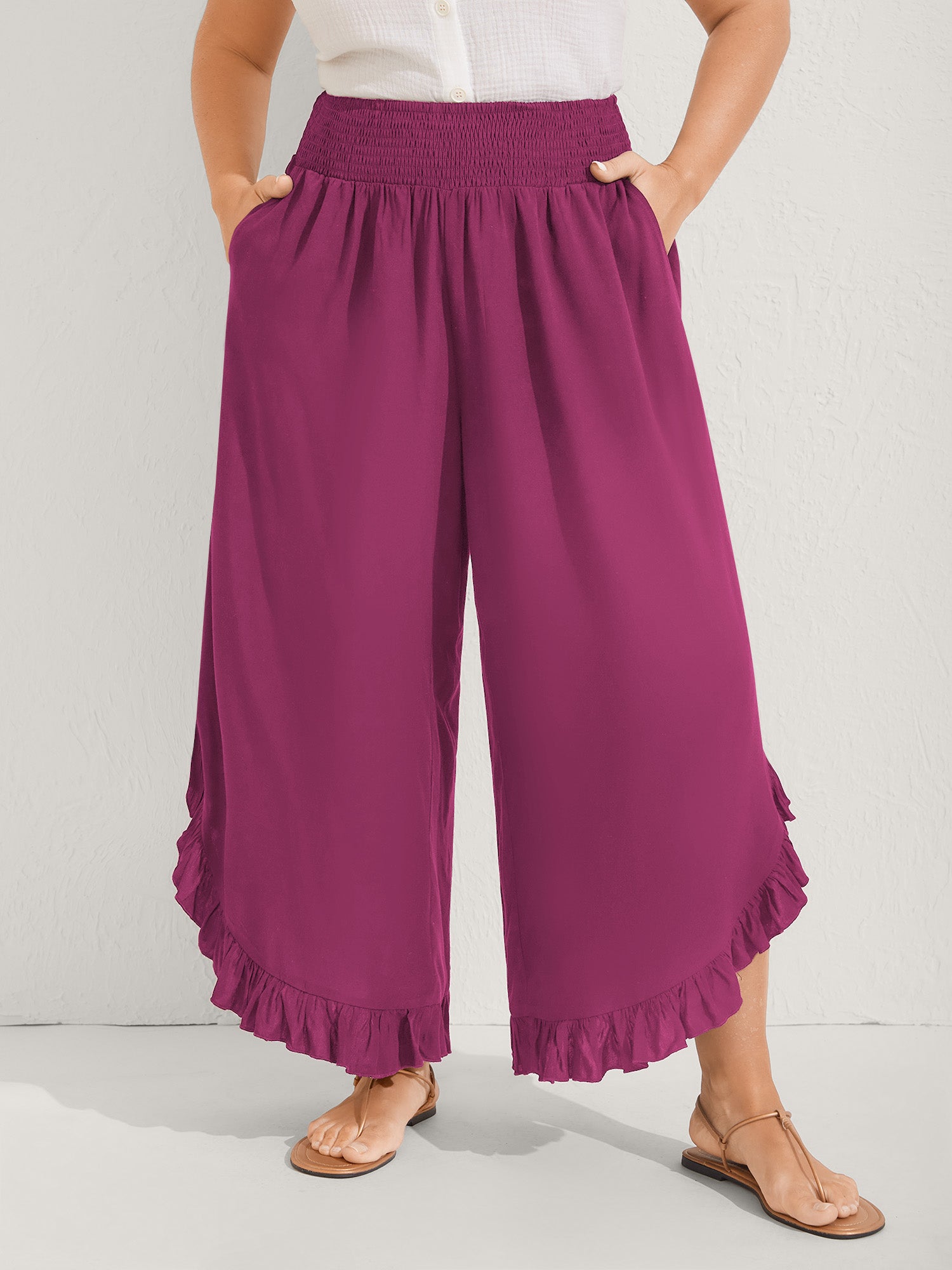 Ruffled Curvy Hem Wide-Leg Pants - Image 40