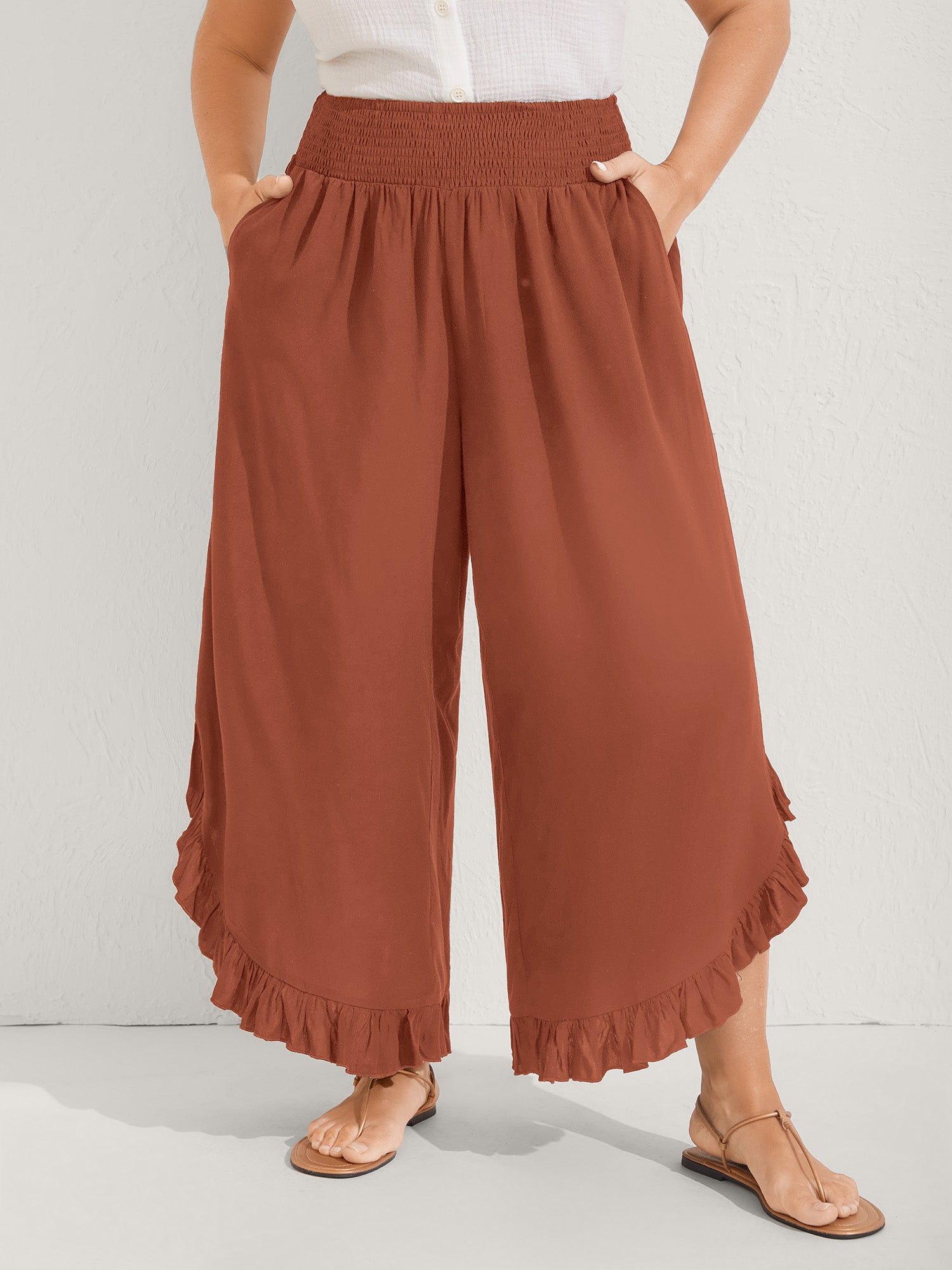 Ruffled Curvy Hem Wide-Leg Pants - Image 44
