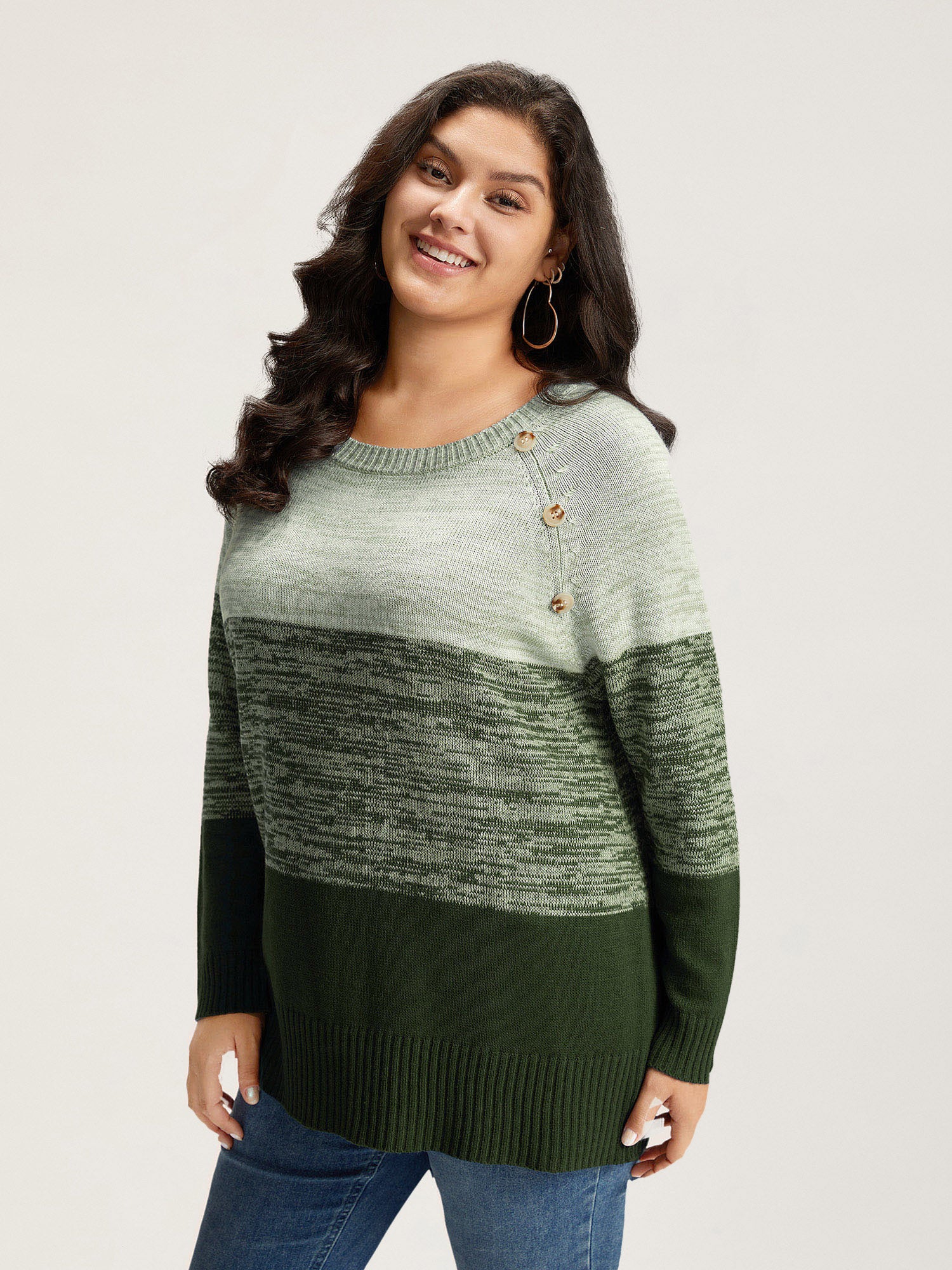 Colorblock Contrast Heather Button Detail Pullover - Image 3