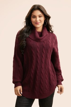 Turtleneck Cable Knit Curved Hem Pullover