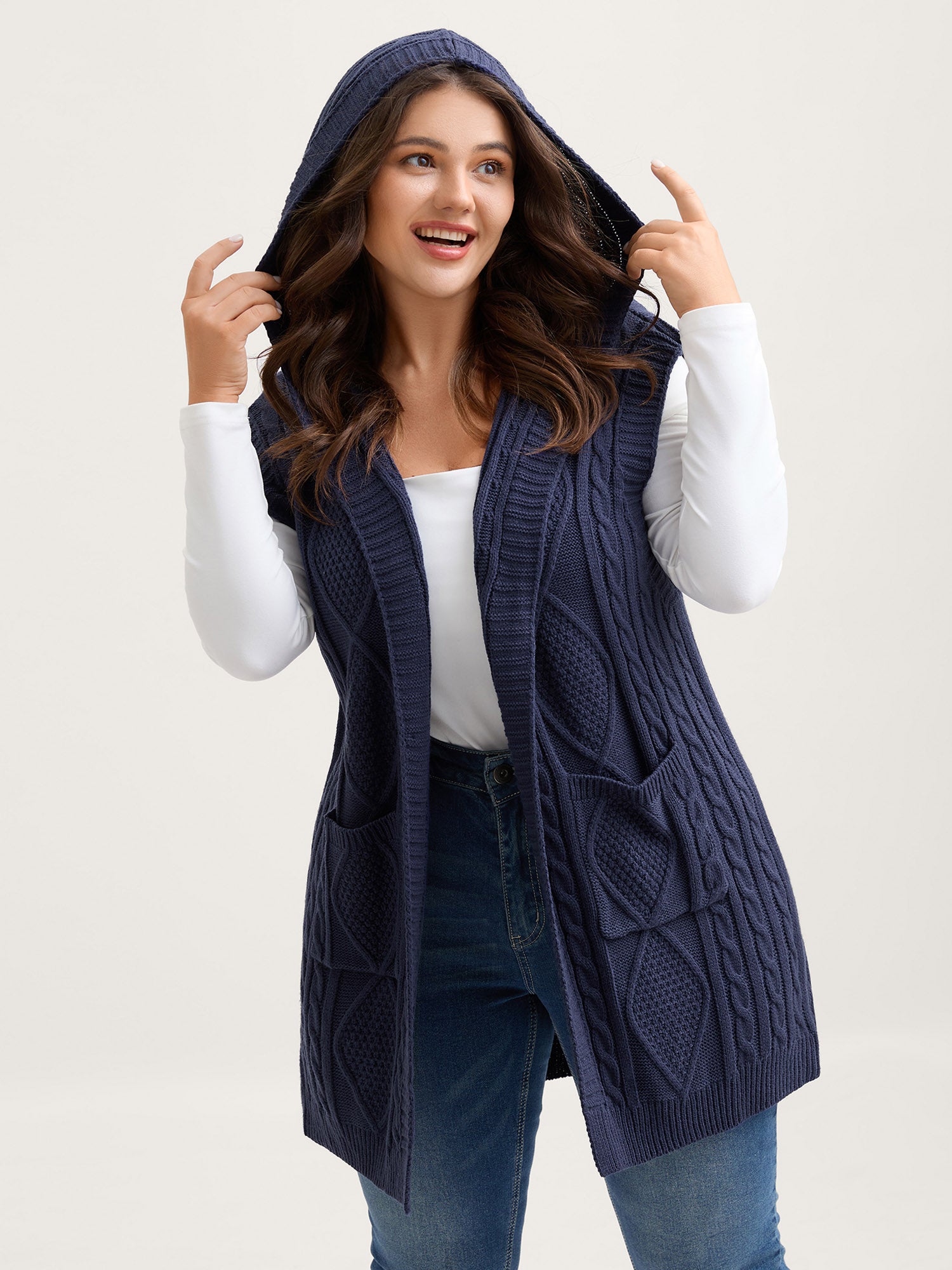 Hooded Sleeveless Cable Knit Cardigan