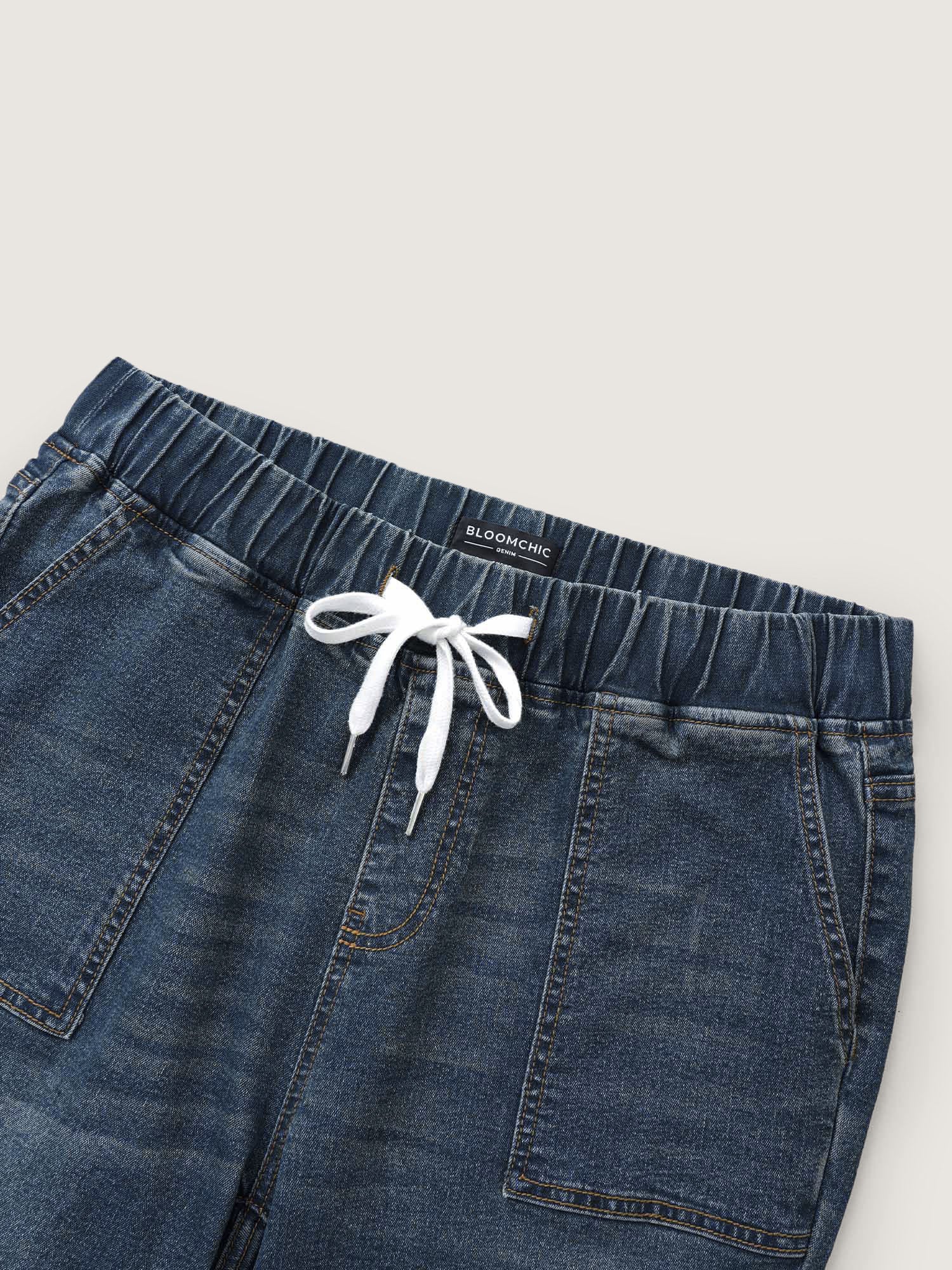 Pull-On Drawstring Folded Hem Boyfriend Jeans - Image 8
