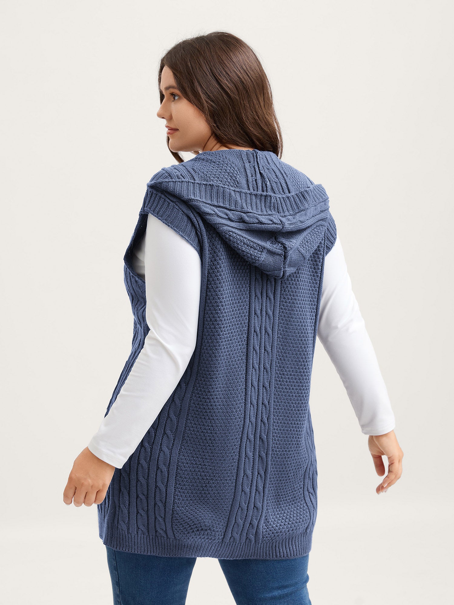 Hooded Sleeveless Cable Knit Cardigan - Image 30