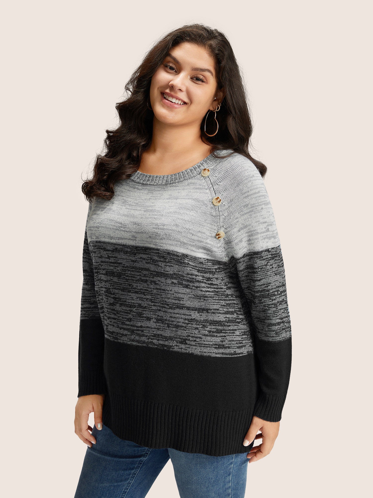 Colorblock Contrast Heather Button Detail Pullover - Image 17