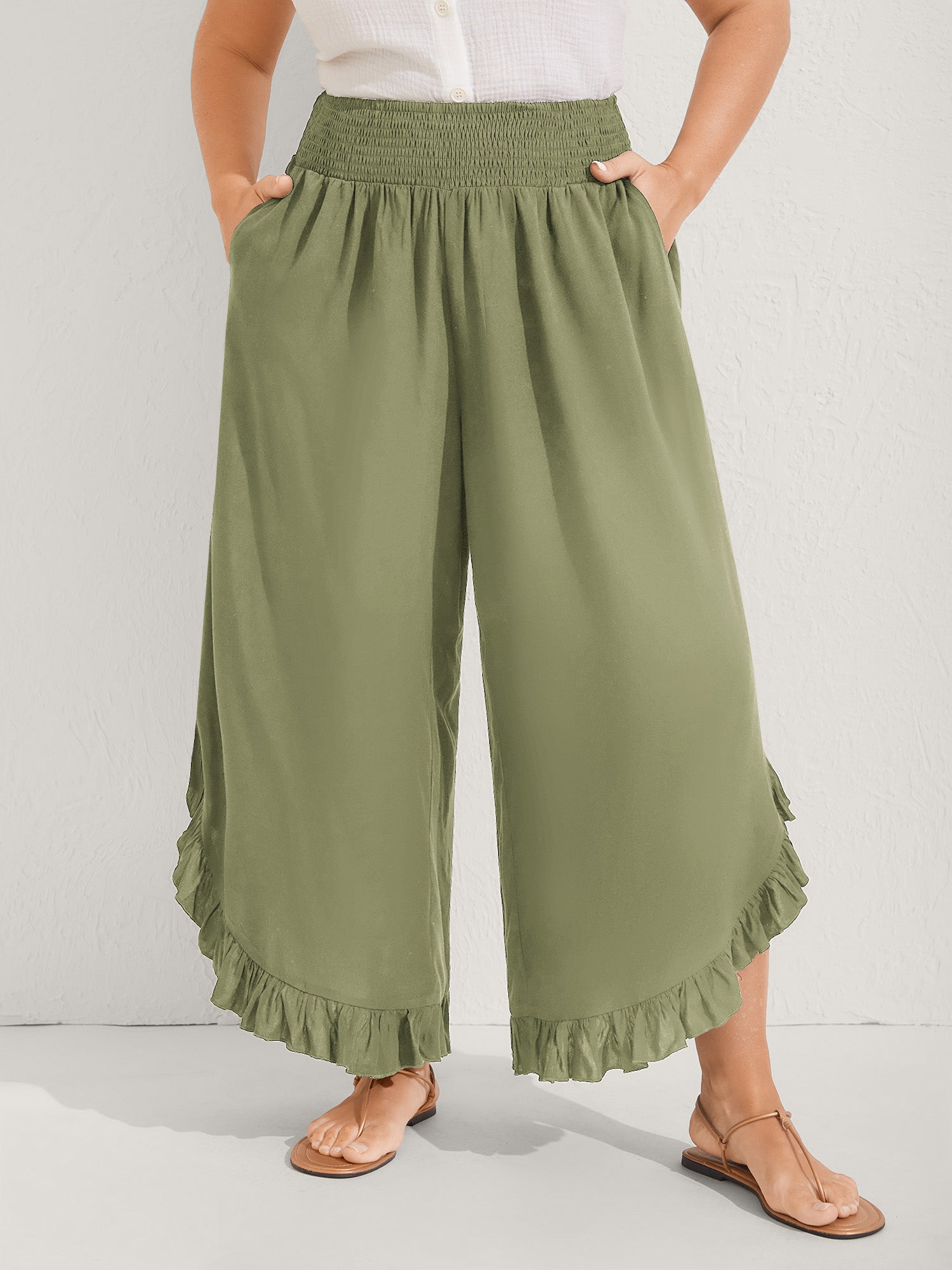 Ruffled Curvy Hem Wide-Leg Pants - Image 34