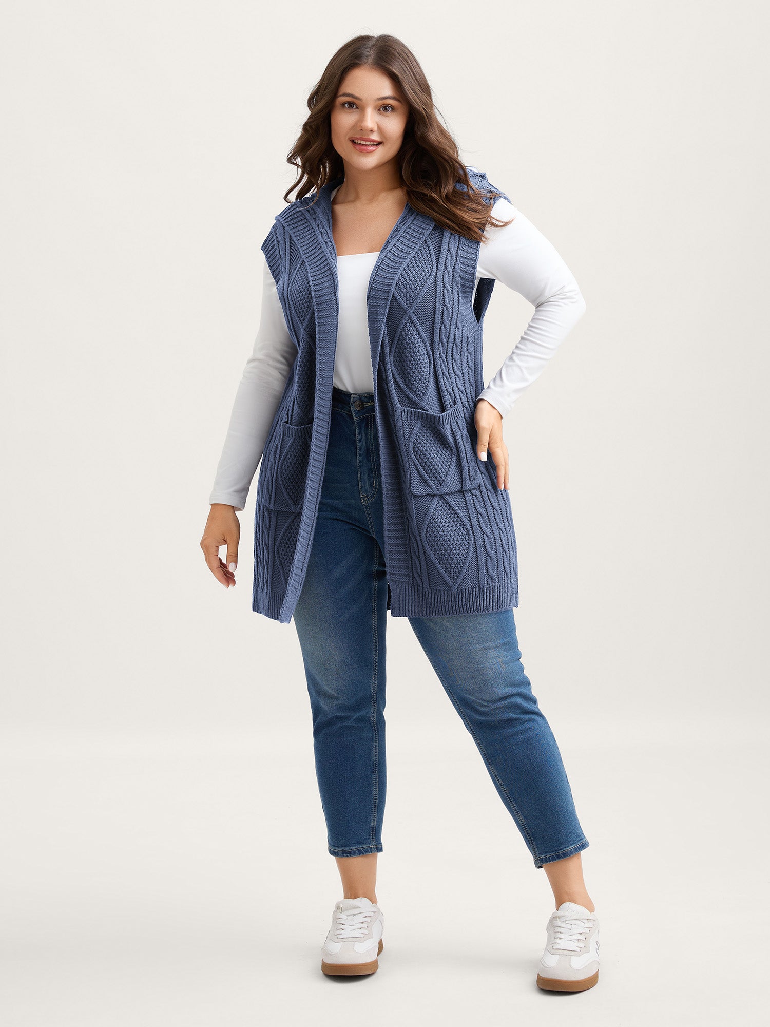 Hooded Sleeveless Cable Knit Cardigan - Image 29