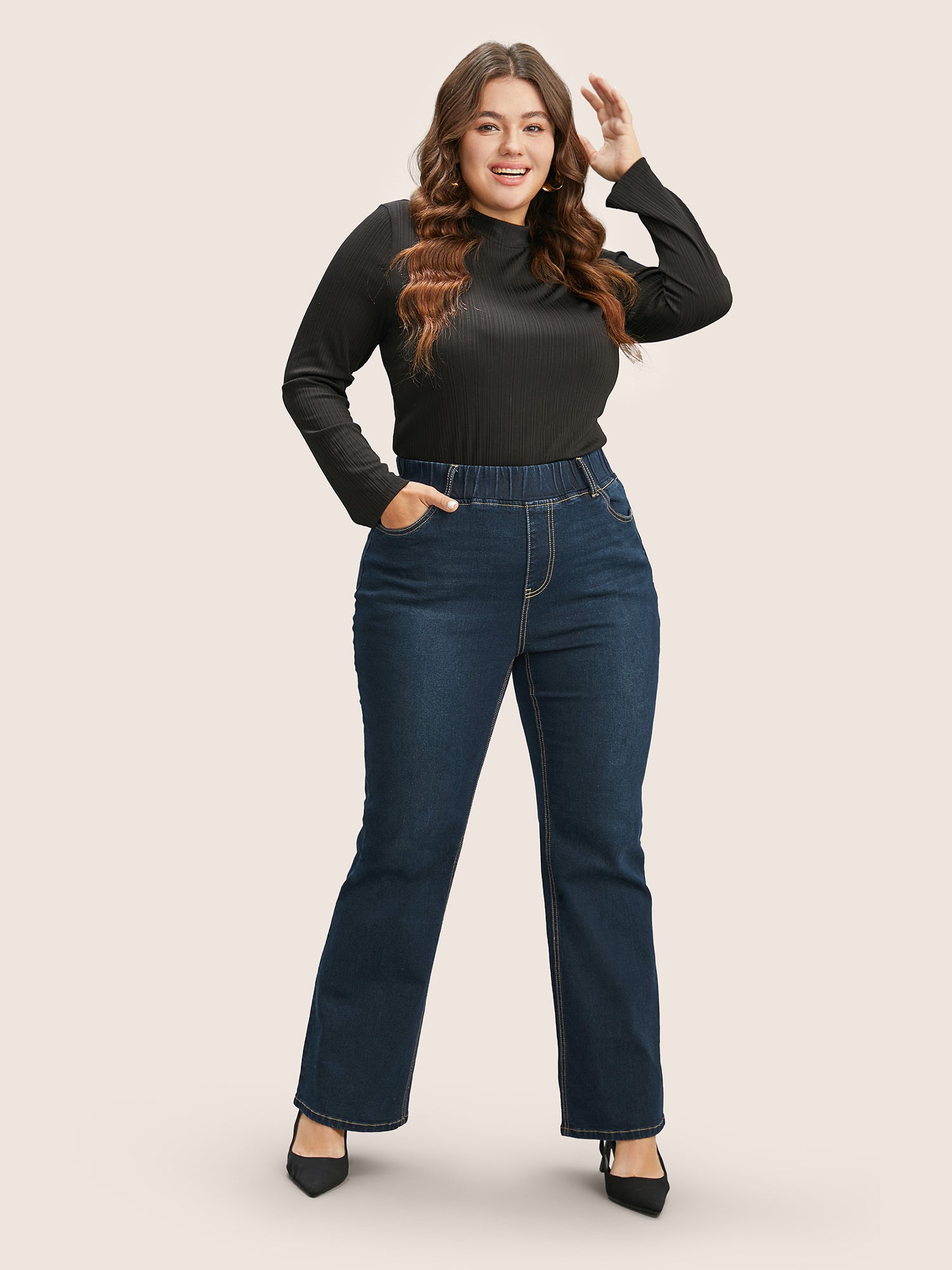 Elastic Waist Stretchy Bootcut Flared Jeans - Image 2