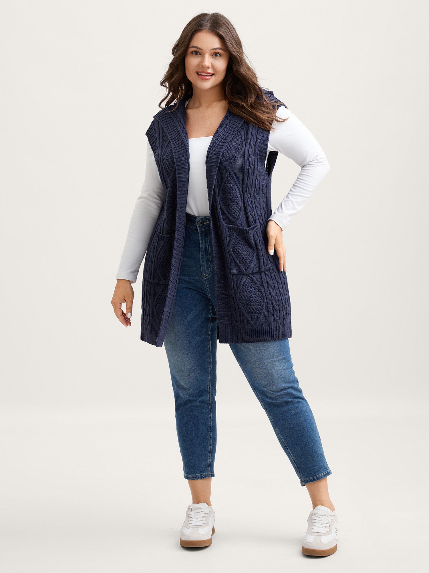 Hooded Sleeveless Cable Knit Cardigan - Image 3