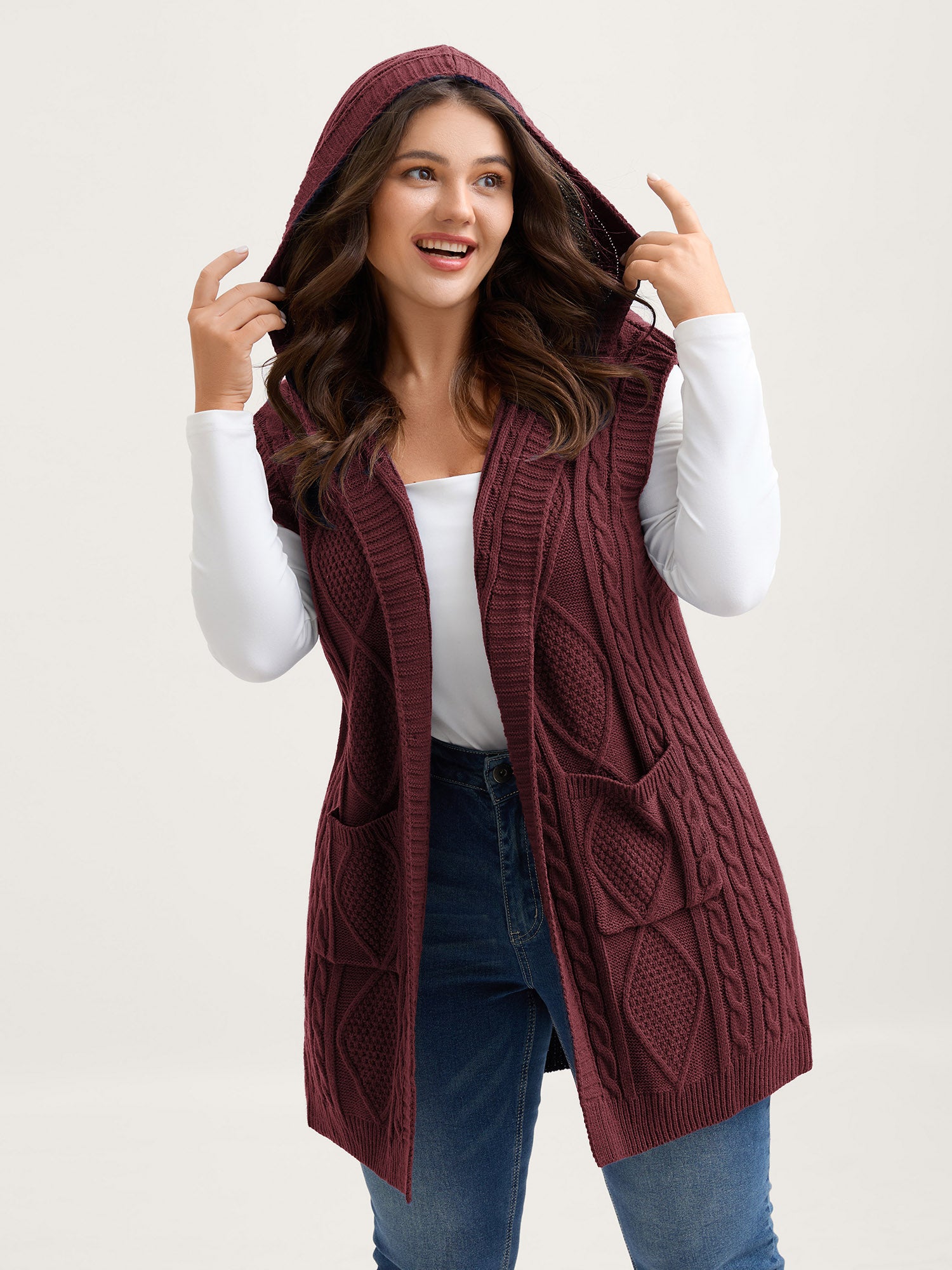 Hooded Sleeveless Cable Knit Cardigan - Image 31