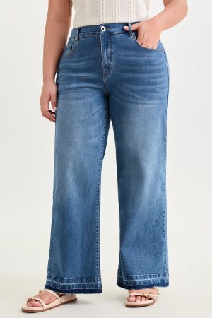 Stretchy Back Elastic Waist Wide Leg Jeans