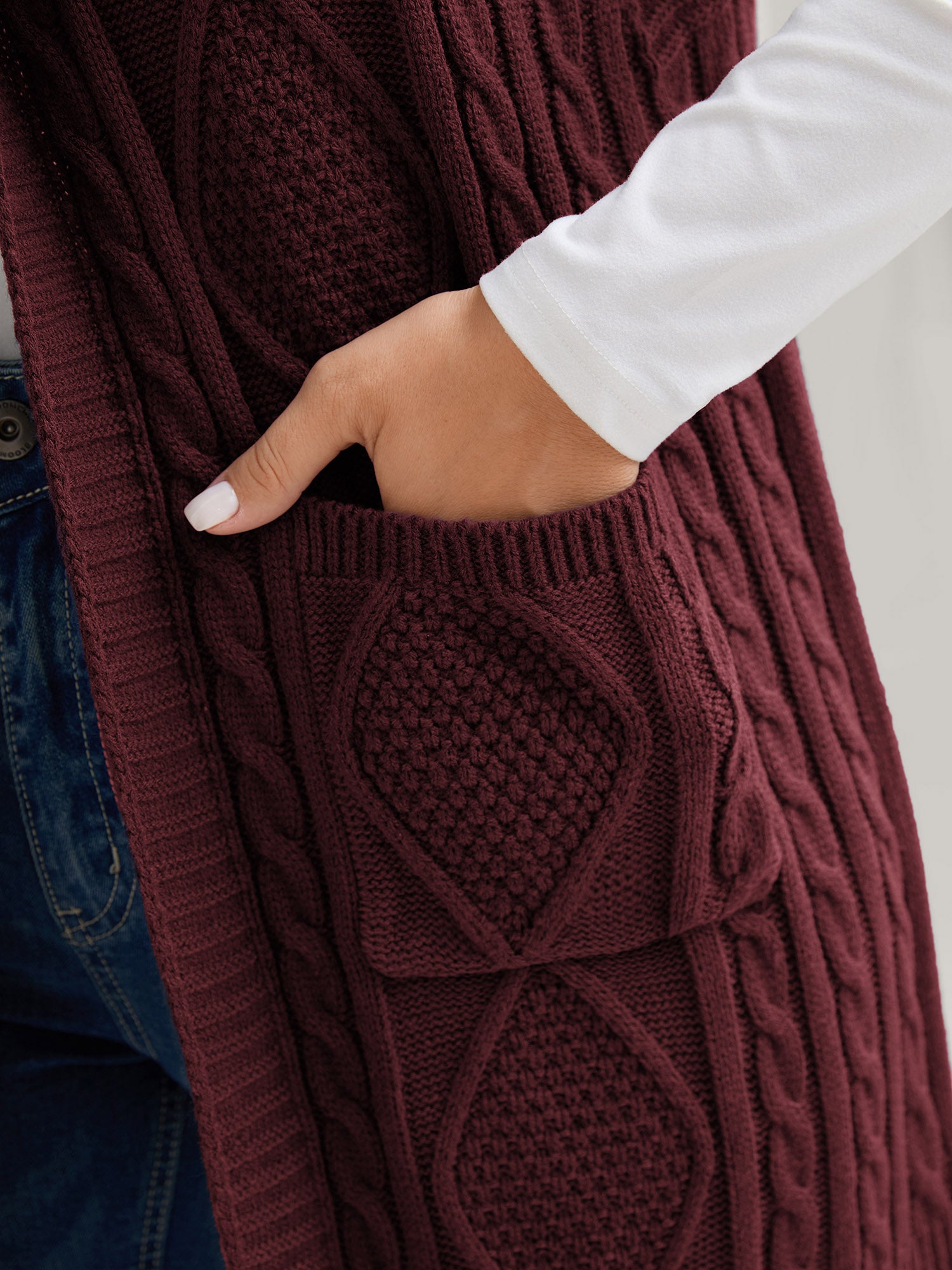 Hooded Sleeveless Cable Knit Cardigan - Image 32