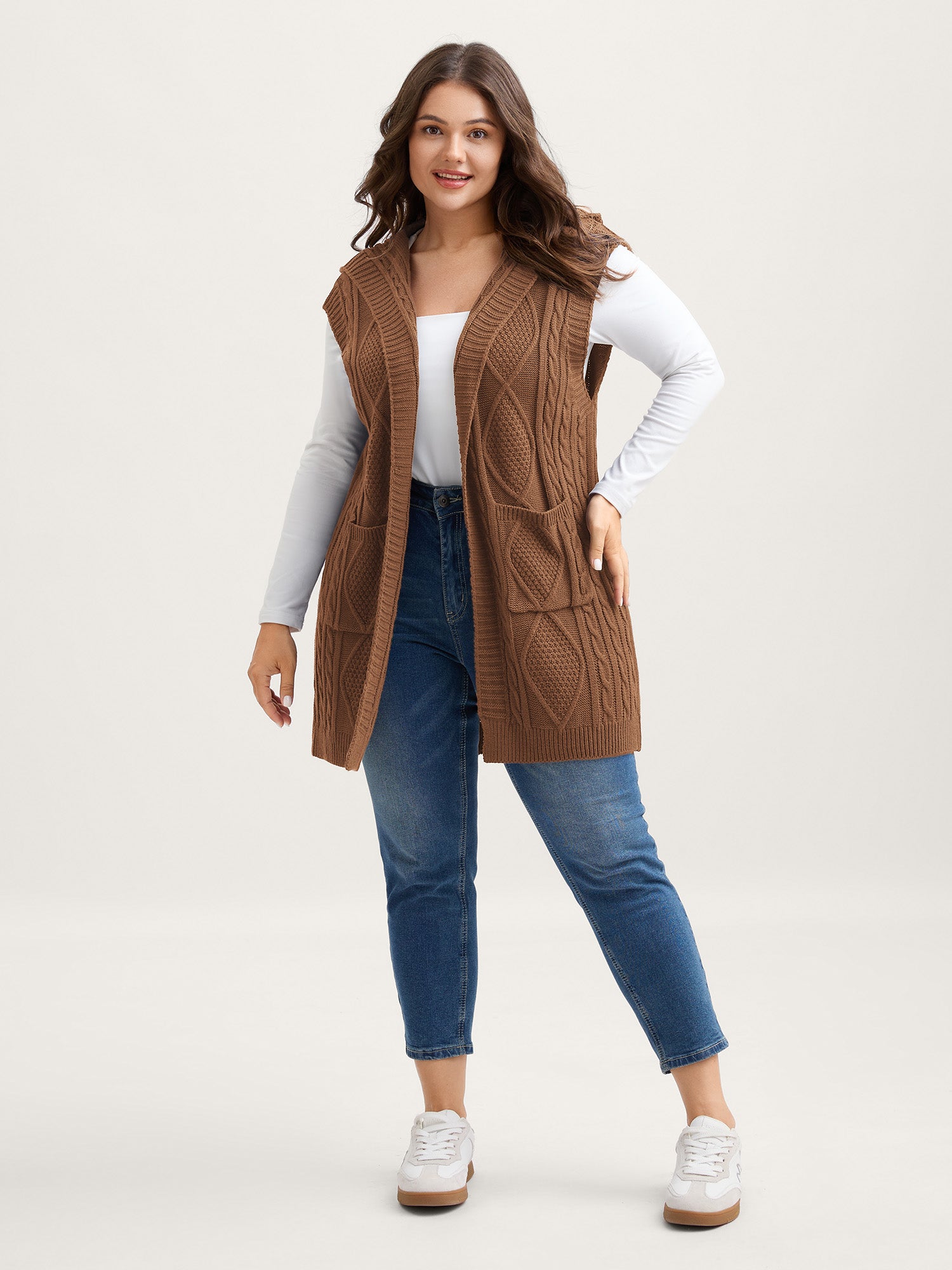 Hooded Sleeveless Cable Knit Cardigan - Image 13