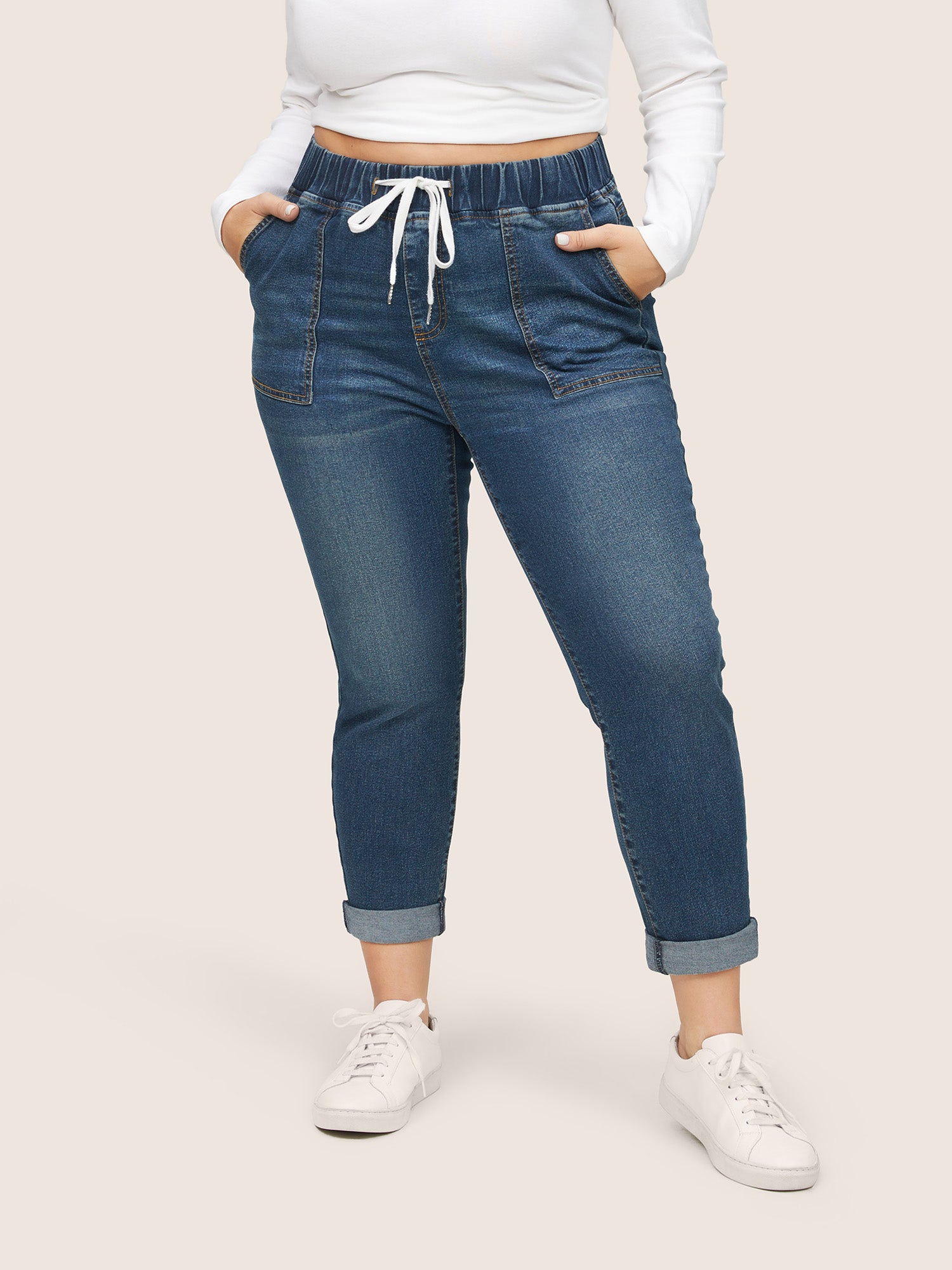 Pull-On Drawstring Folded Hem Boyfriend Jeans - Image 31