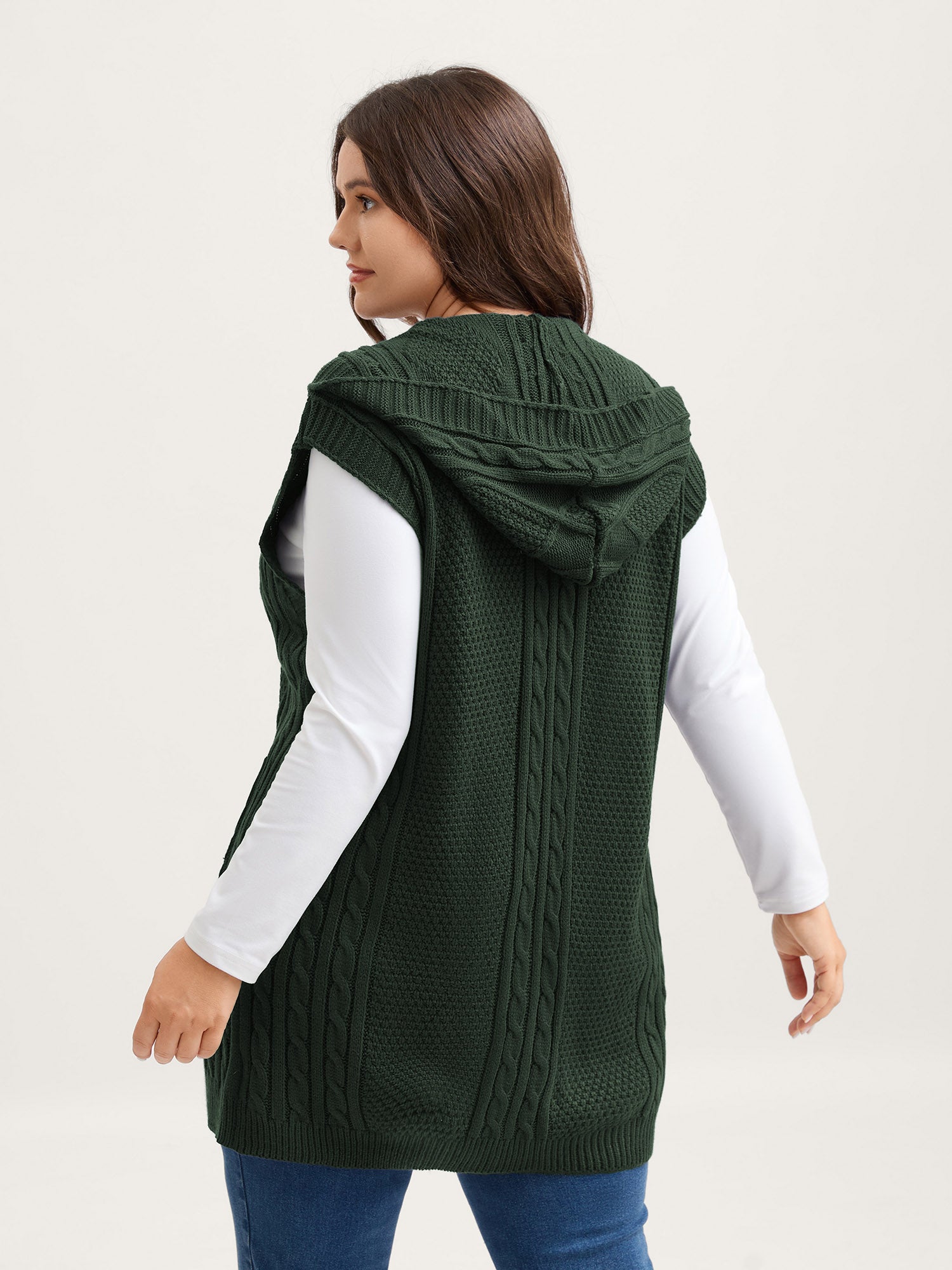 Hooded Sleeveless Cable Knit Cardigan - Image 42