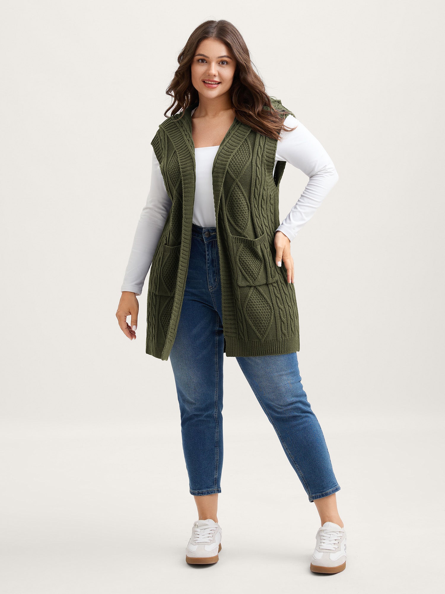 Hooded Sleeveless Cable Knit Cardigan - Image 17