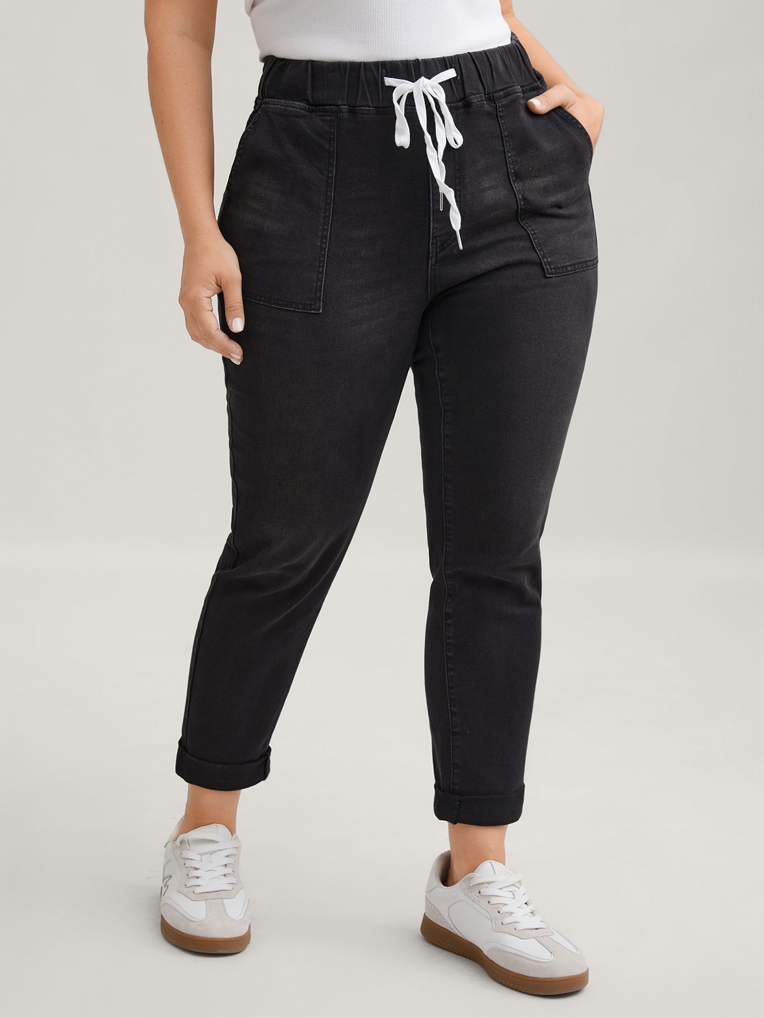 Pull-On Drawstring Folded Hem Boyfriend Jeans - Image 10