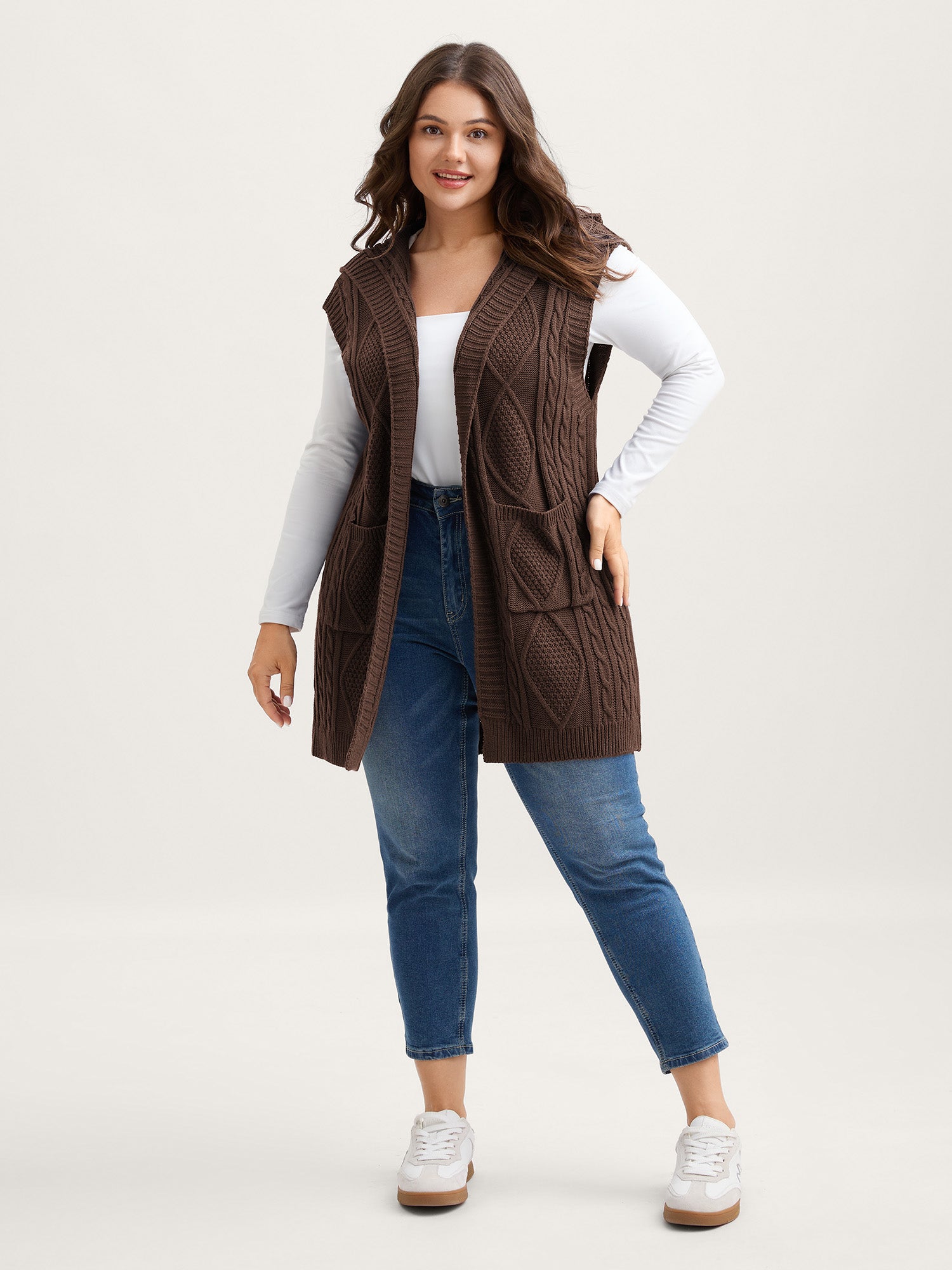 Hooded Sleeveless Cable Knit Cardigan - Image 21