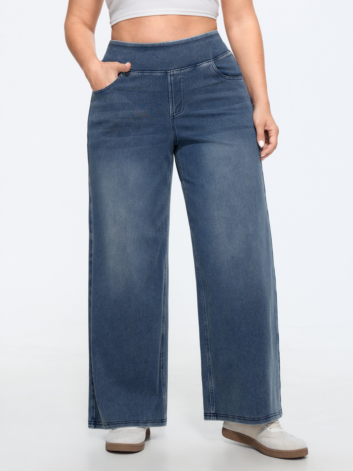 Stretchy Pull-On Wide-Leg Knit Jeans - Image 2
