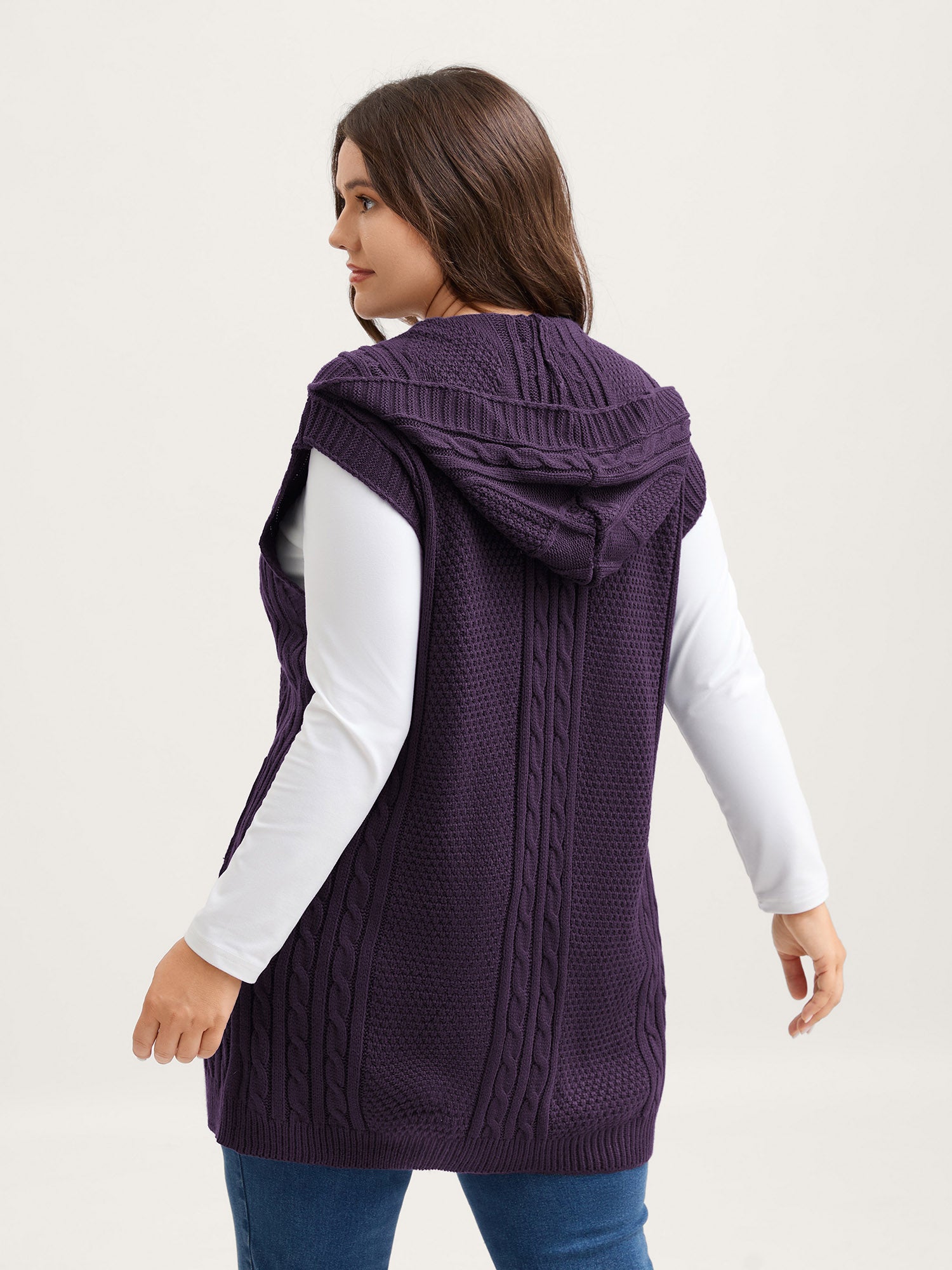 Hooded Sleeveless Cable Knit Cardigan - Image 26