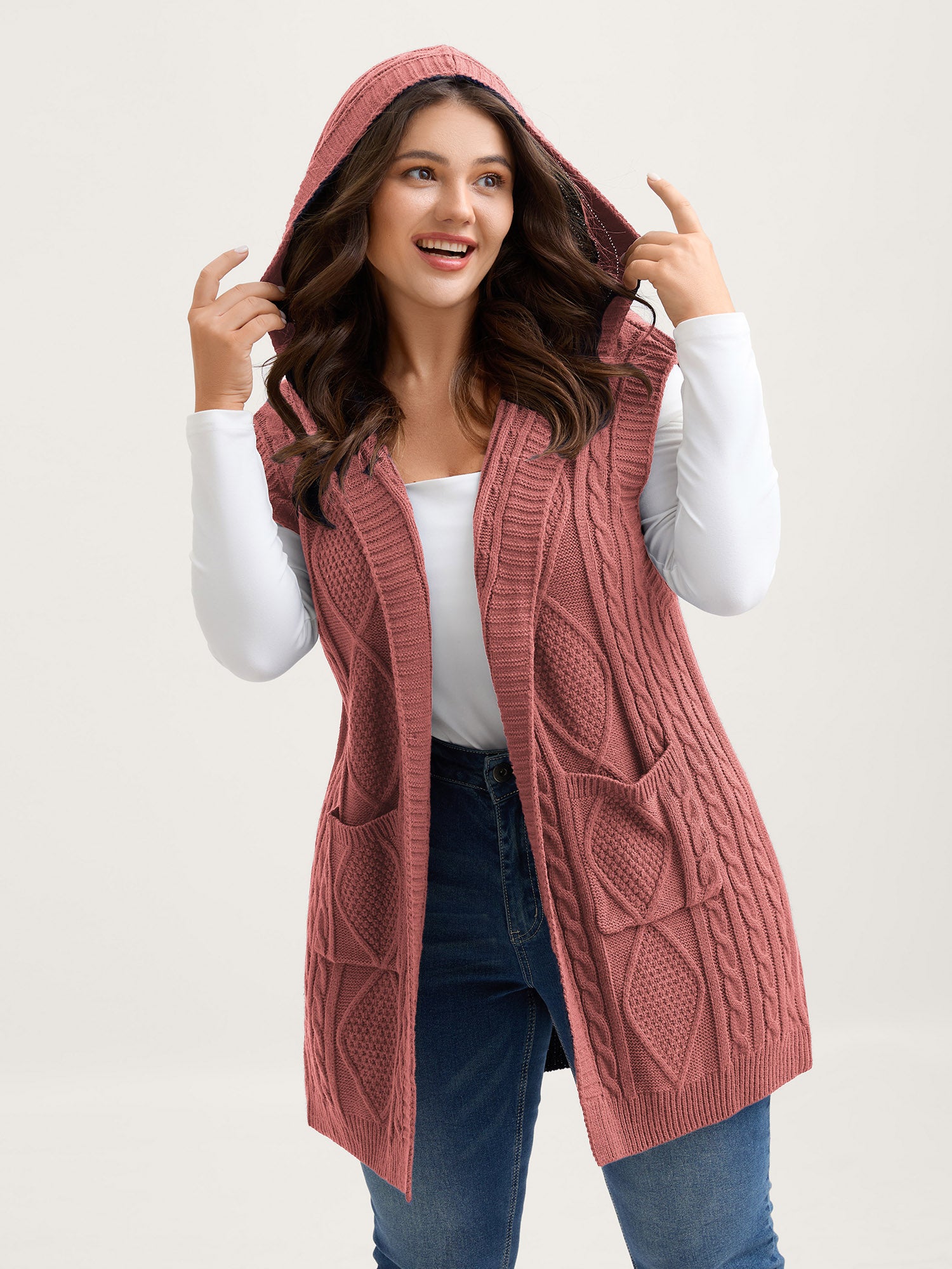 Hooded Sleeveless Cable Knit Cardigan - Image 35