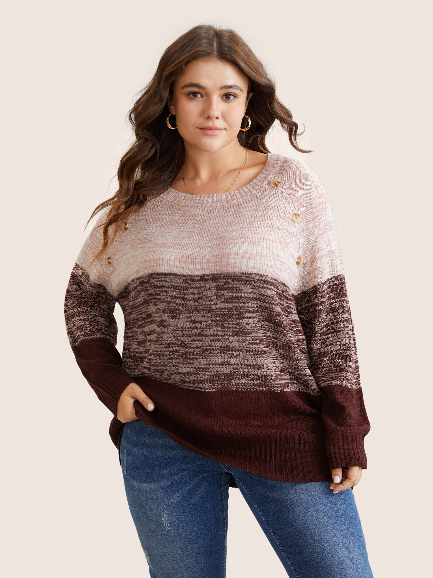Colorblock Contrast Heather Button Detail Pullover - Image 19