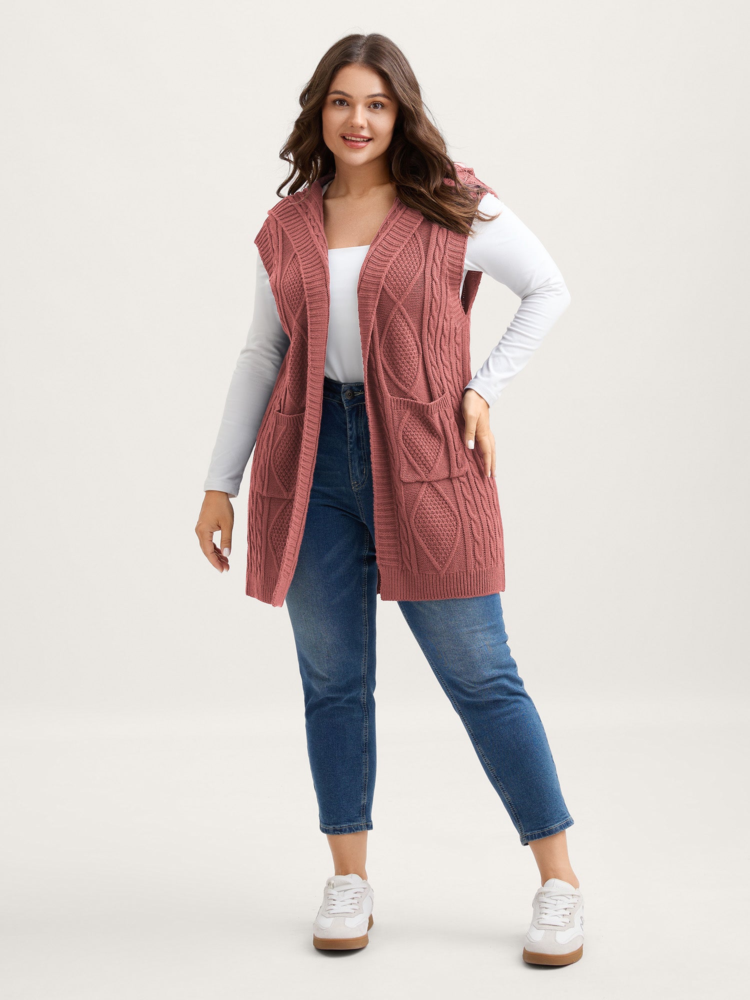 Hooded Sleeveless Cable Knit Cardigan - Image 37