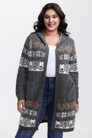 Boho Print Jacquard Hooded Knit Cardigan