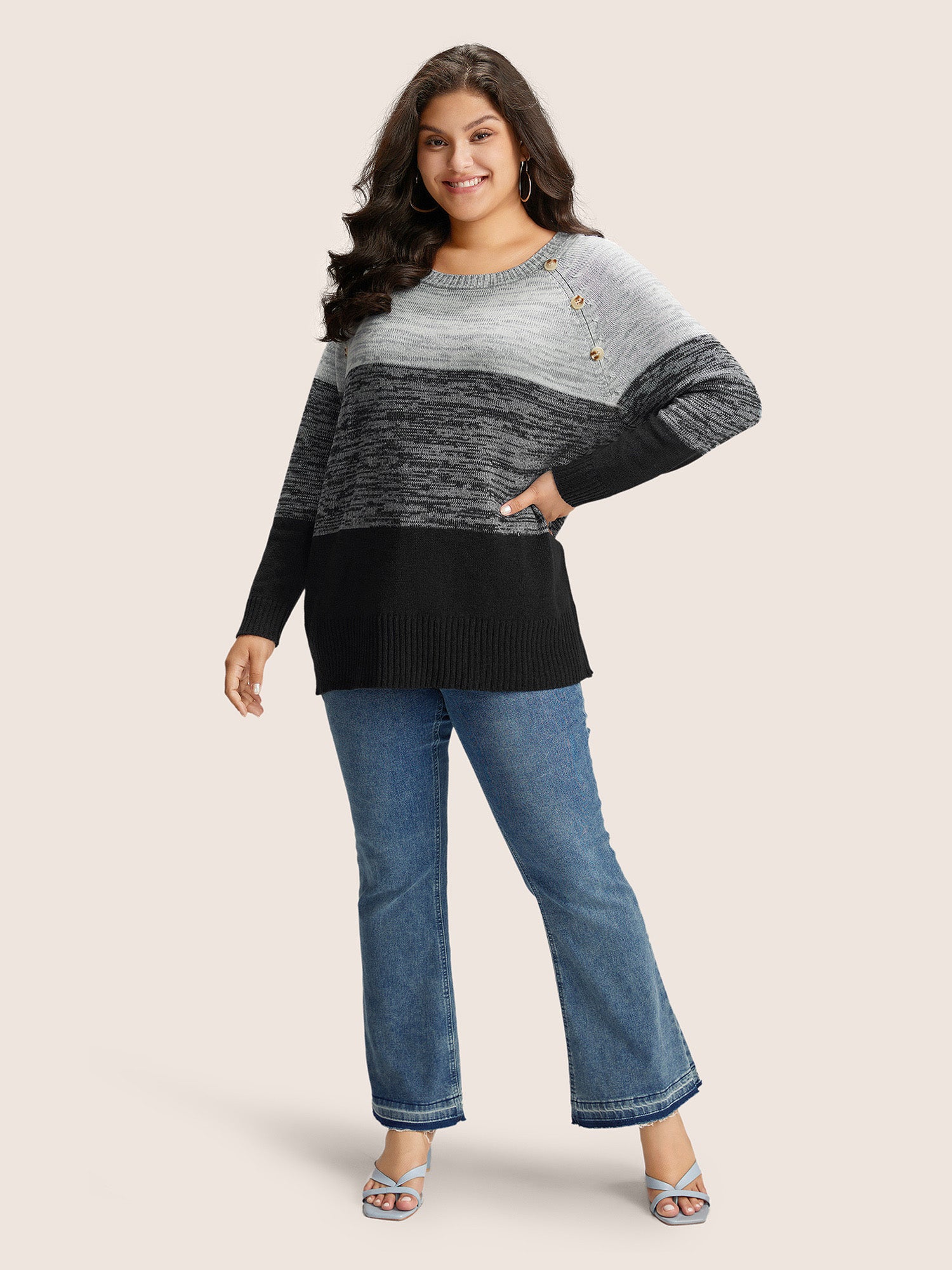 Colorblock Contrast Heather Button Detail Pullover - Image 18