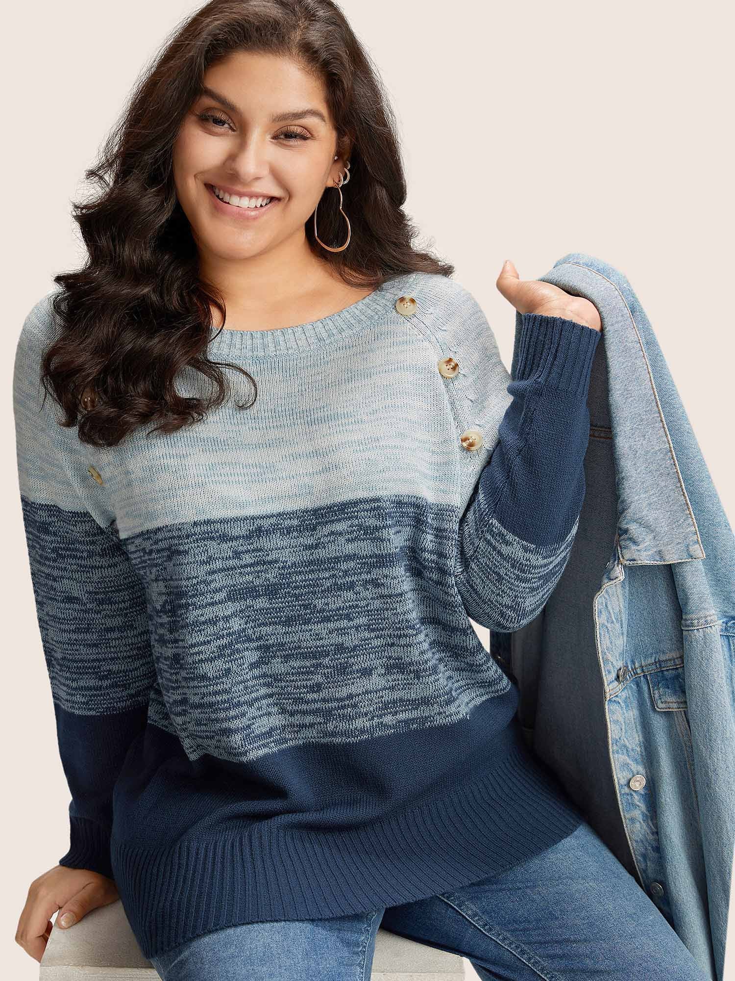 Colorblock Contrast Heather Button Detail Pullover - Image 7