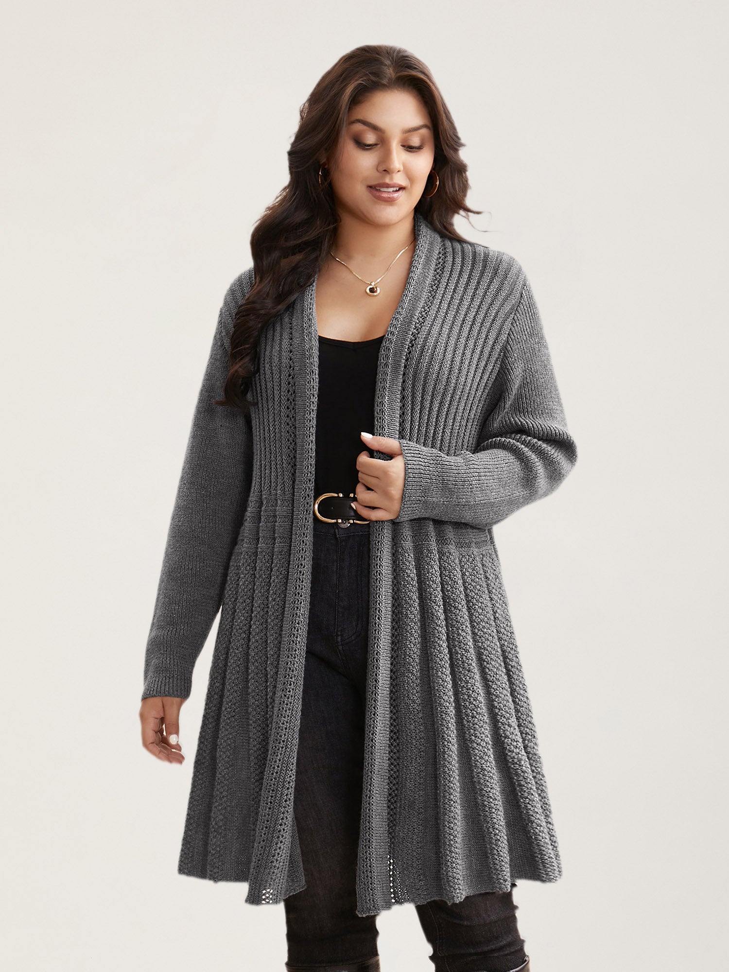 Textured Kimono Collar Long Cardigan - Image 13