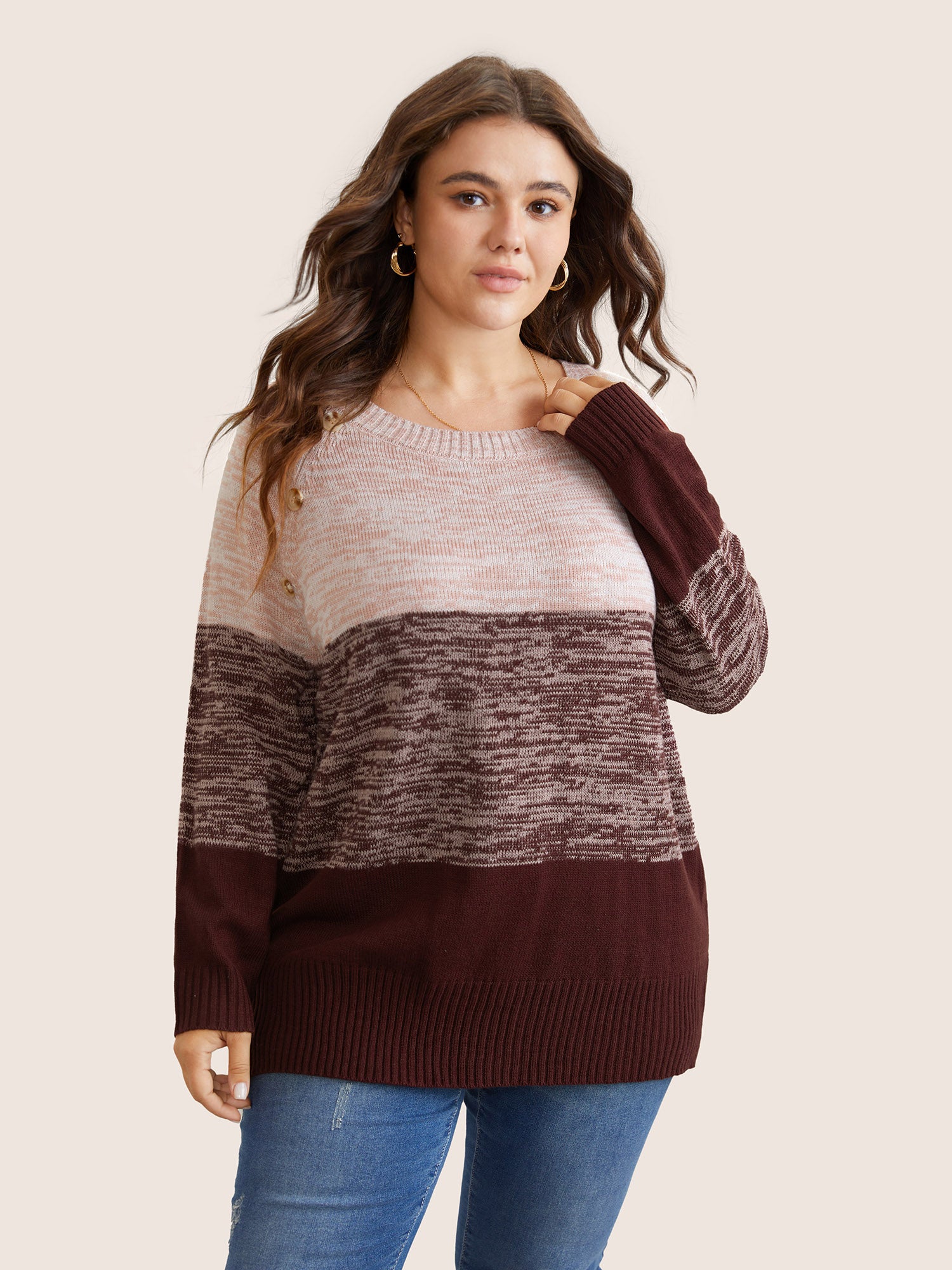Colorblock Contrast Heather Button Detail Pullover - Image 21