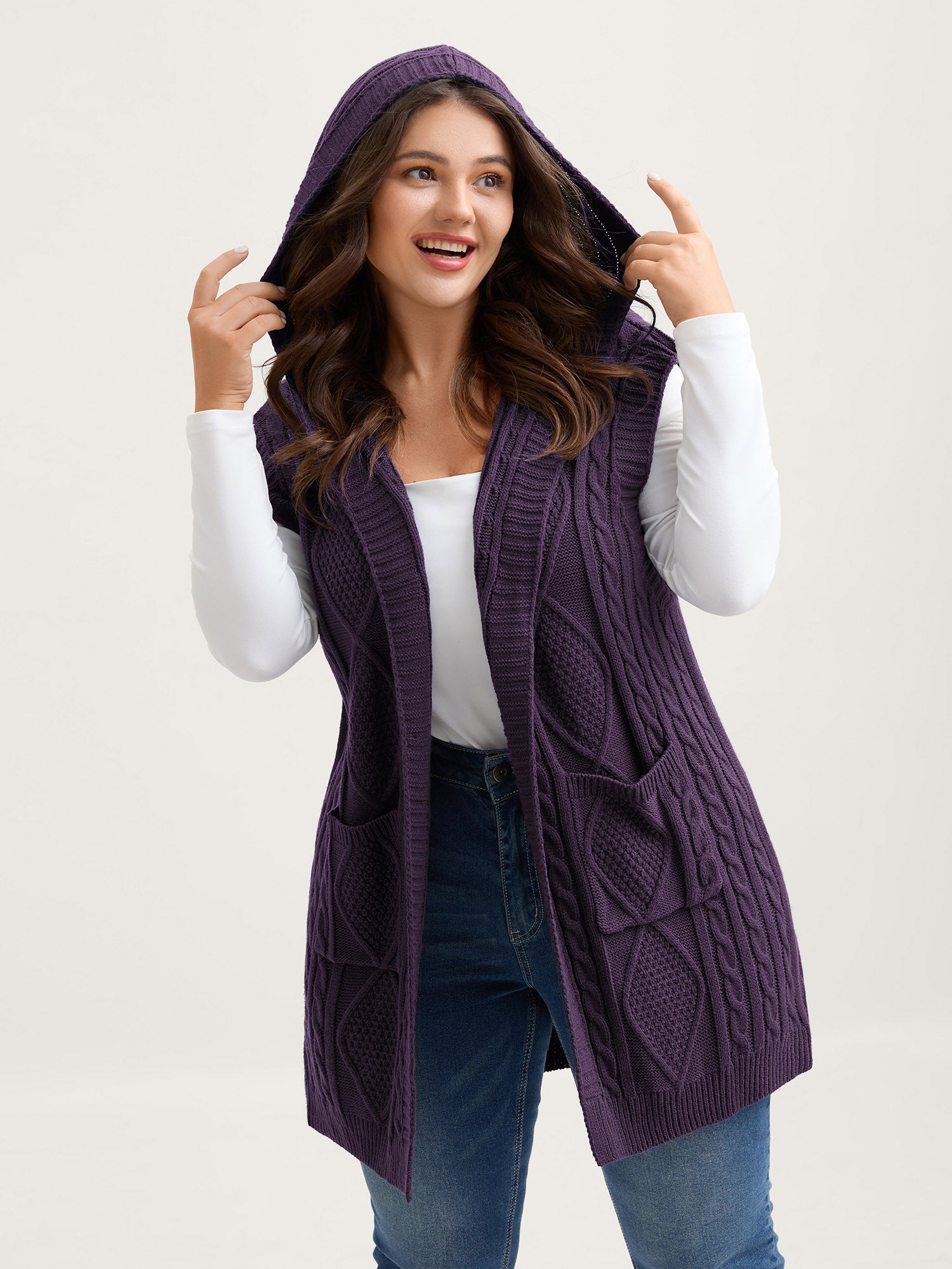Hooded Sleeveless Cable Knit Cardigan - Image 23