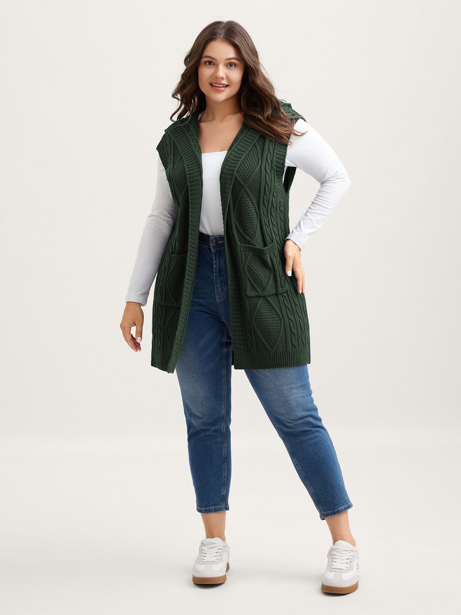 Hooded Sleeveless Cable Knit Cardigan - Image 41