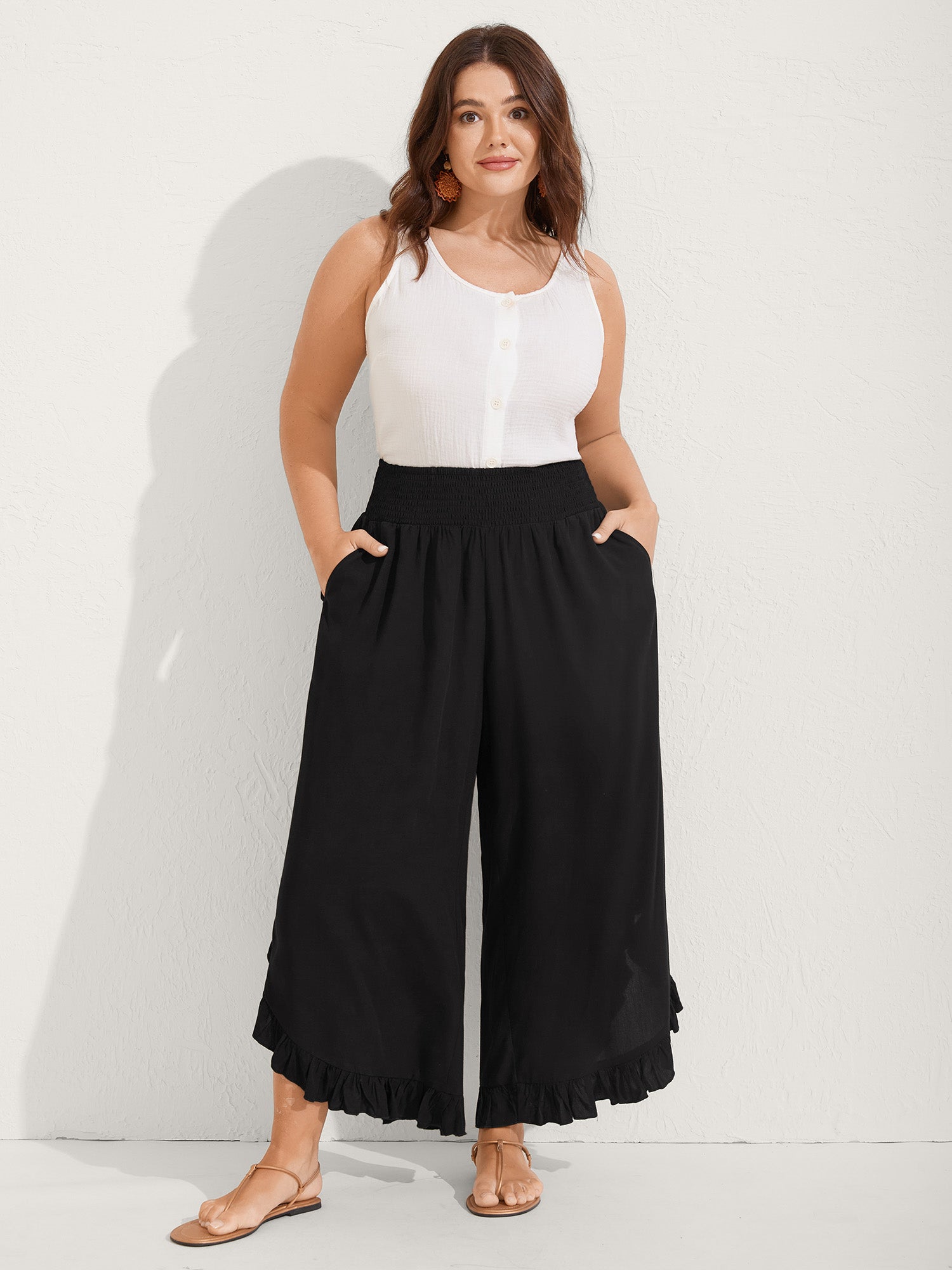 Ruffled Curvy Hem Wide-Leg Pants - Image 2