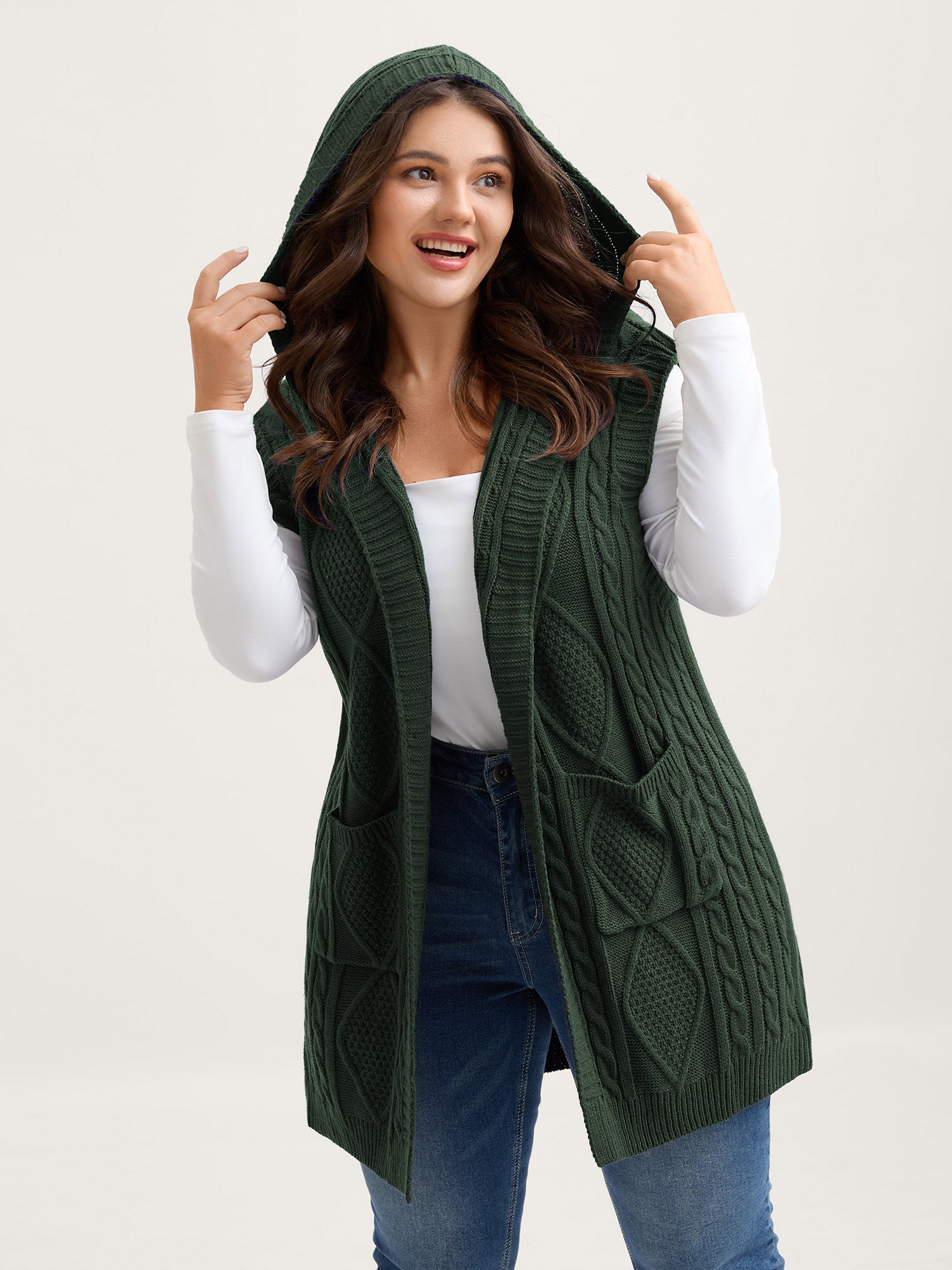 Hooded Sleeveless Cable Knit Cardigan - Image 39