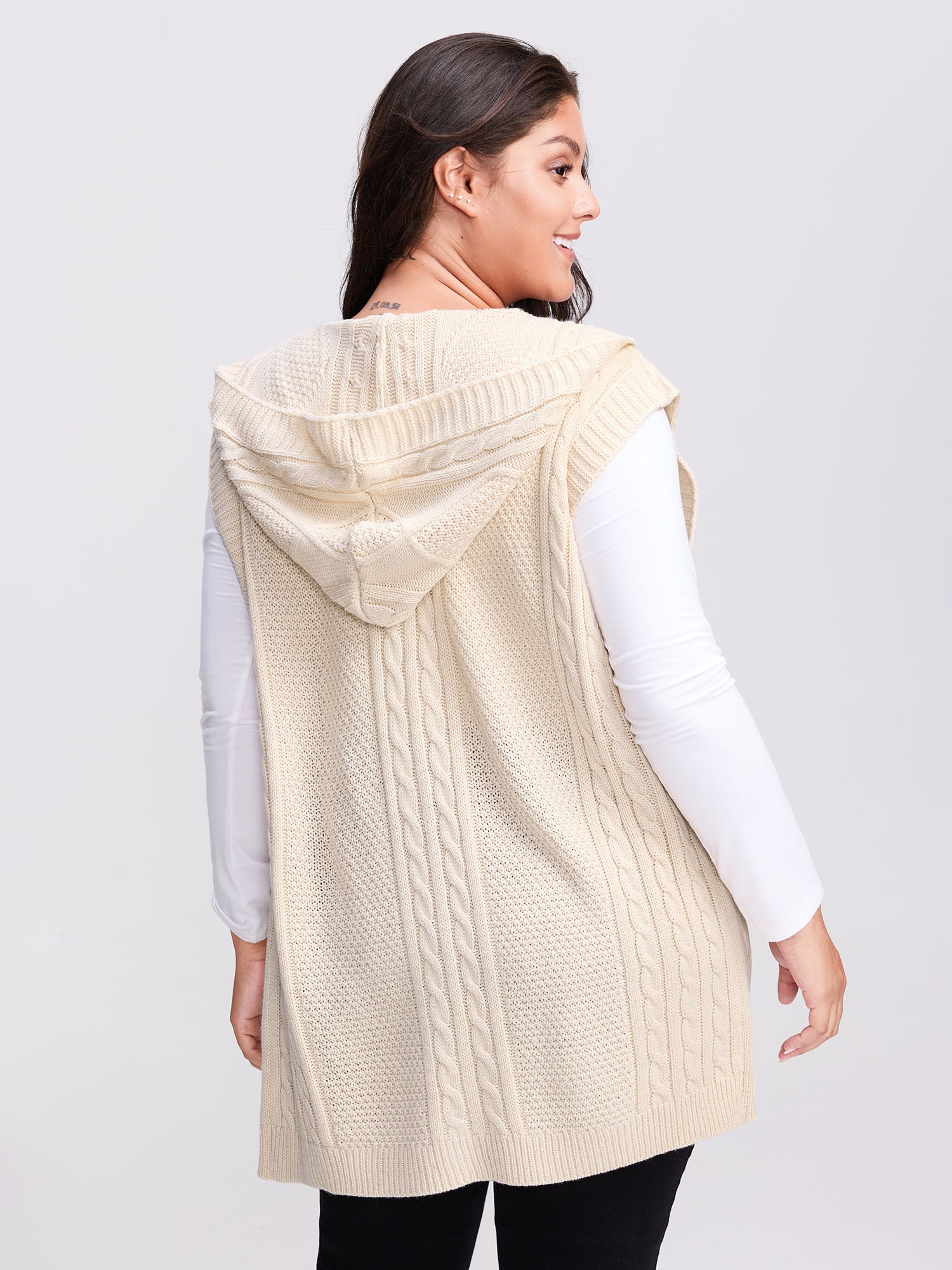 Hooded Sleeveless Cable Knit Cardigan - Image 47