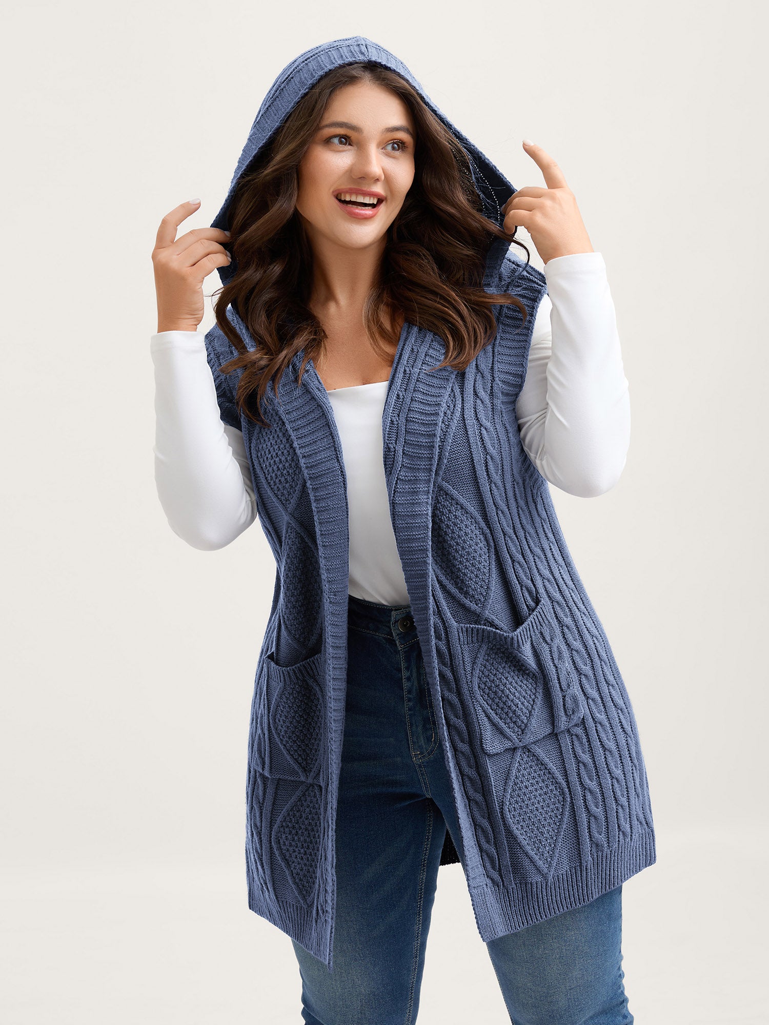 Hooded Sleeveless Cable Knit Cardigan - Image 27