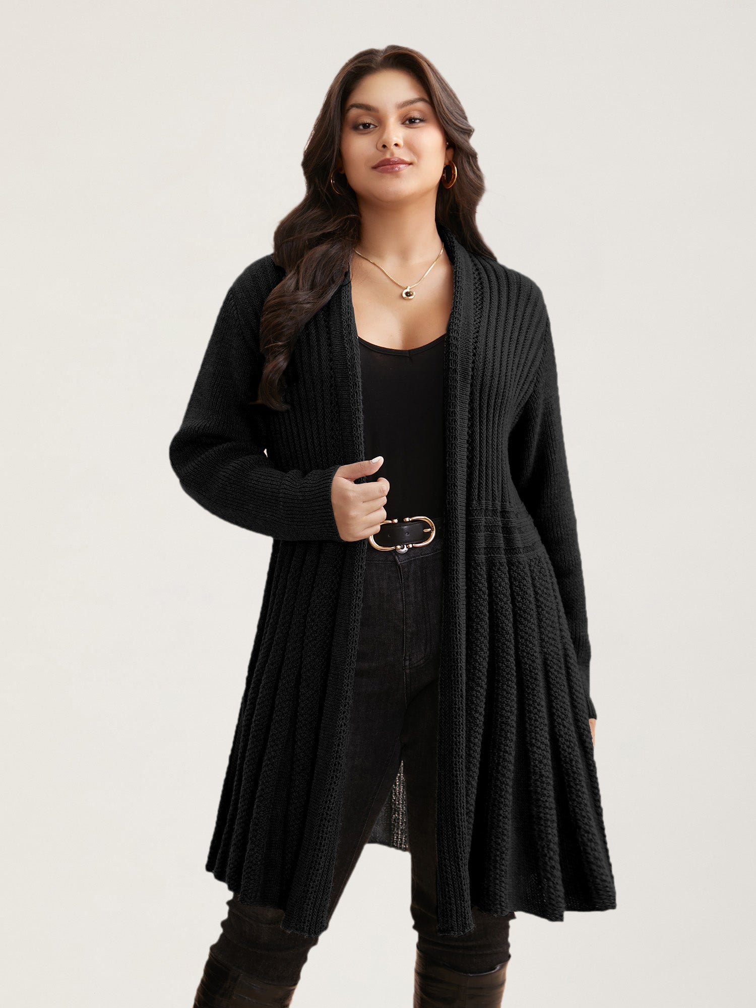 Textured Kimono Collar Long Cardigan - Image 3