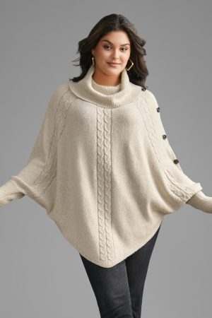 Turtleneck Cable Knit Asymmetrical Hem Pullover
