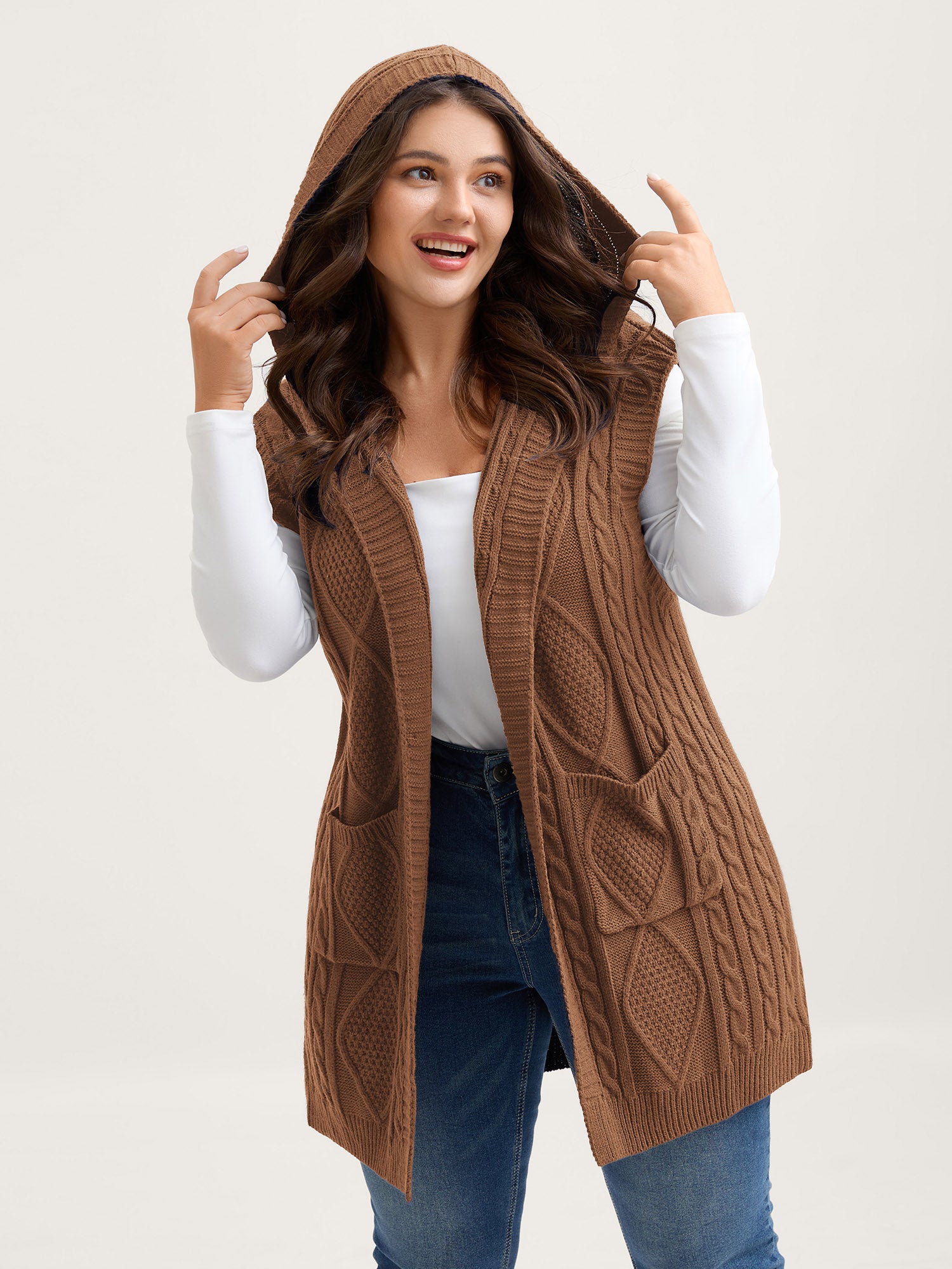 Hooded Sleeveless Cable Knit Cardigan - Image 11