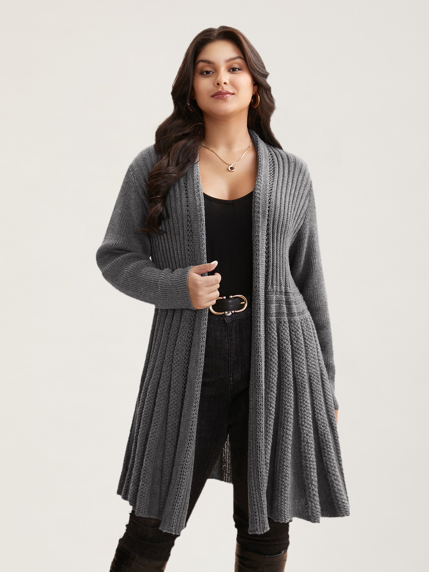 Textured Kimono Collar Long Cardigan - Image 11
