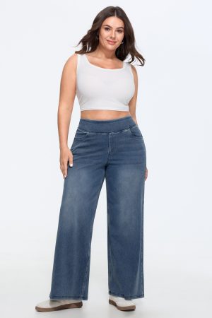 Stretchy Pull-On Wide-Leg Knit Jeans