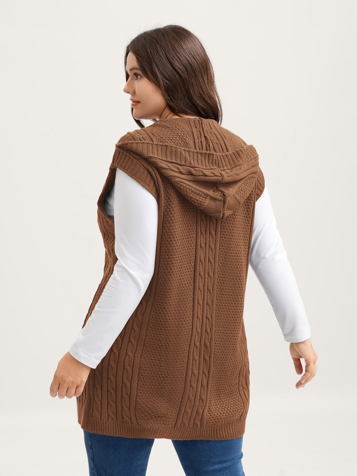 Hooded Sleeveless Cable Knit Cardigan - Image 14