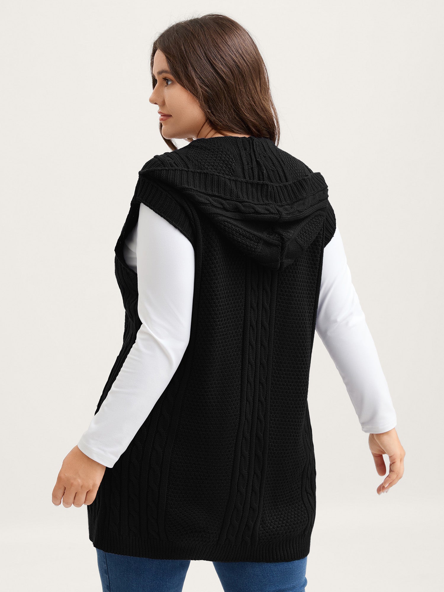 Hooded Sleeveless Cable Knit Cardigan - Image 10