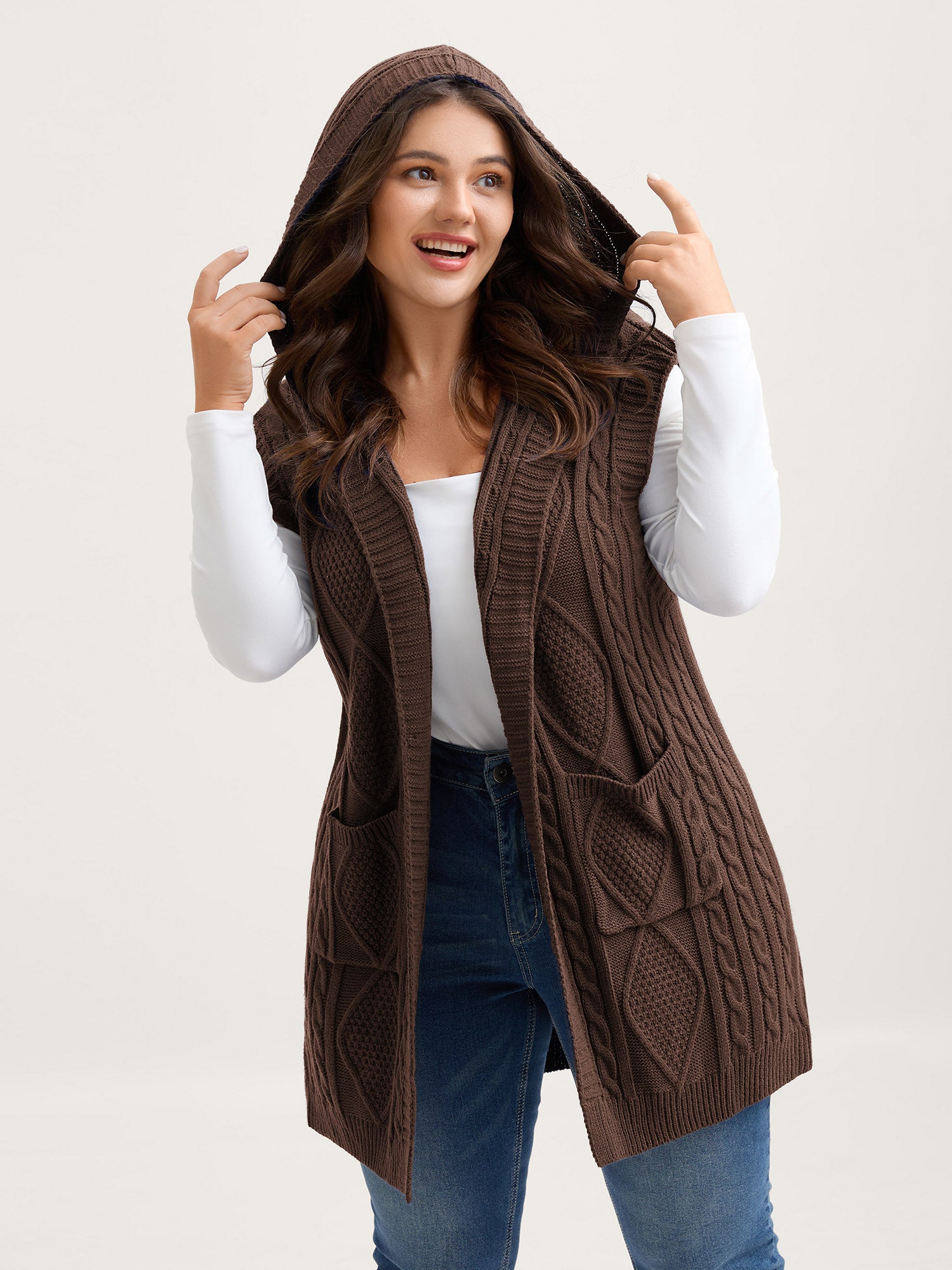 Hooded Sleeveless Cable Knit Cardigan - Image 19