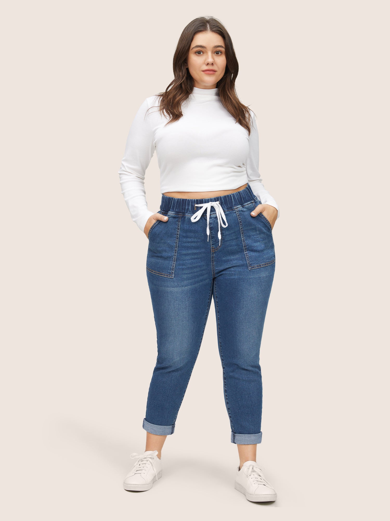 Pull-On Drawstring Folded Hem Boyfriend Jeans - Image 16
