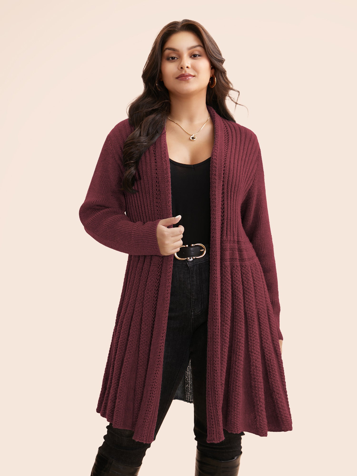 Textured Kimono Collar Long Cardigan - Image 33