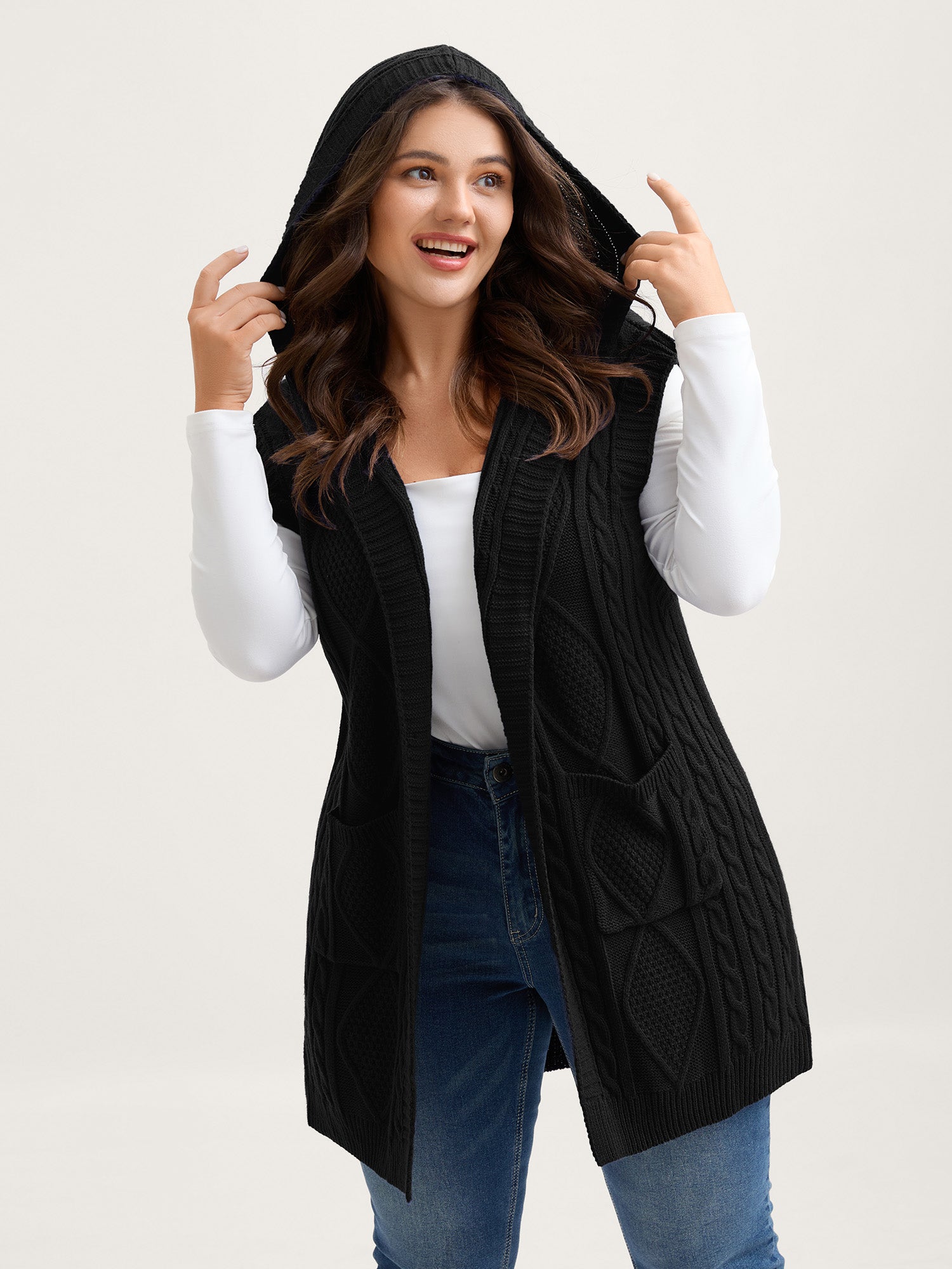 Hooded Sleeveless Cable Knit Cardigan - Image 7